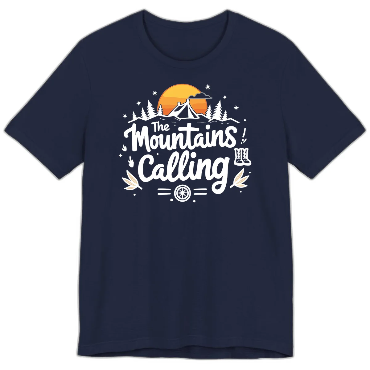 Illustration of a camping tent in a forest with mountains and sunset, surrounded by stars, trees, and hiking boots with 'The Mountains Calling' text. in Navy