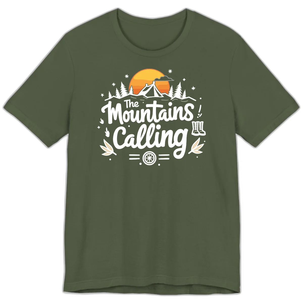 Illustration of a camping tent in a forest with mountains and sunset, surrounded by stars, trees, and hiking boots with 'The Mountains Calling' text. in Military Green