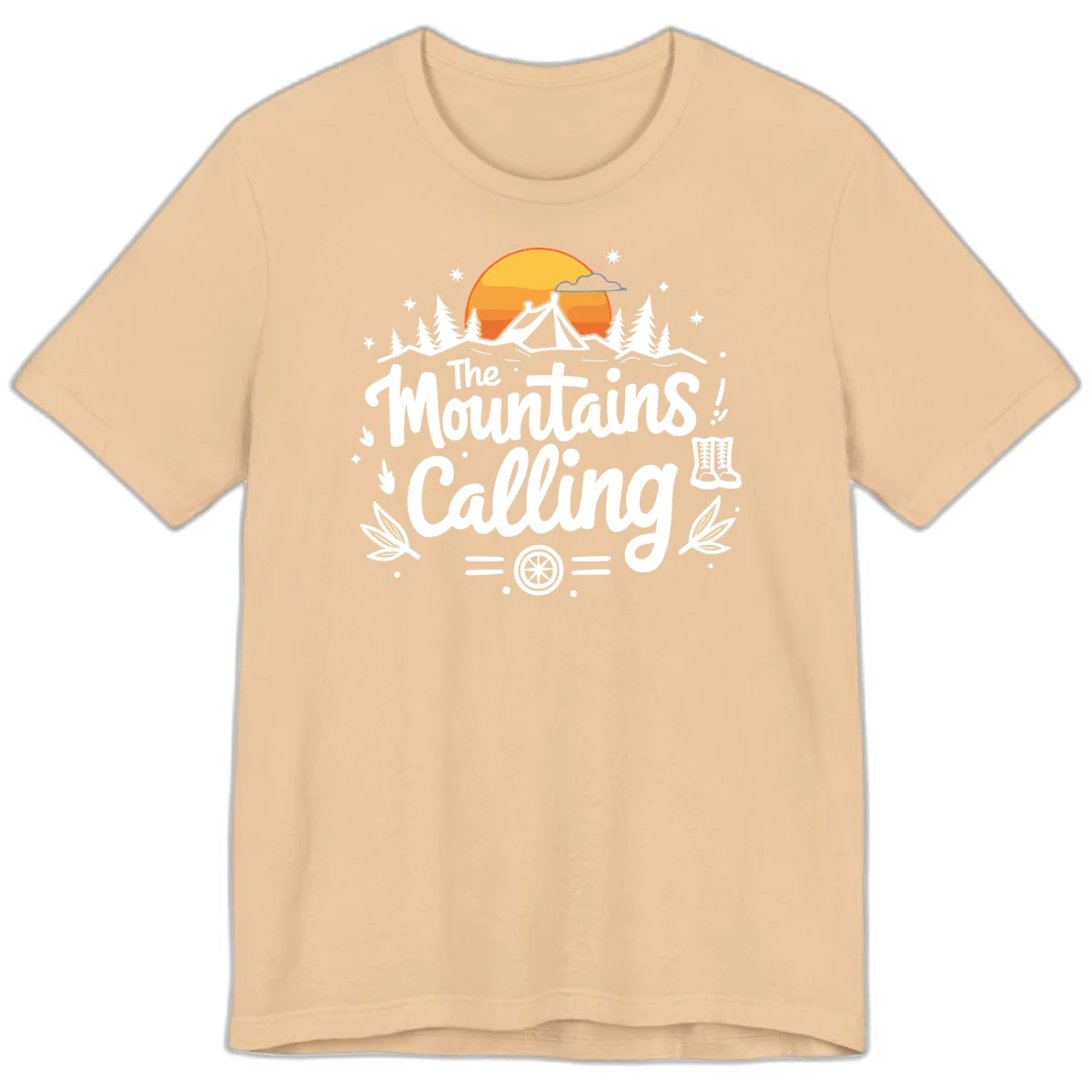 Illustration of a camping tent in a forest with mountains and sunset, surrounded by stars, trees, and hiking boots with 'The Mountains Calling' text. in Sand Dune