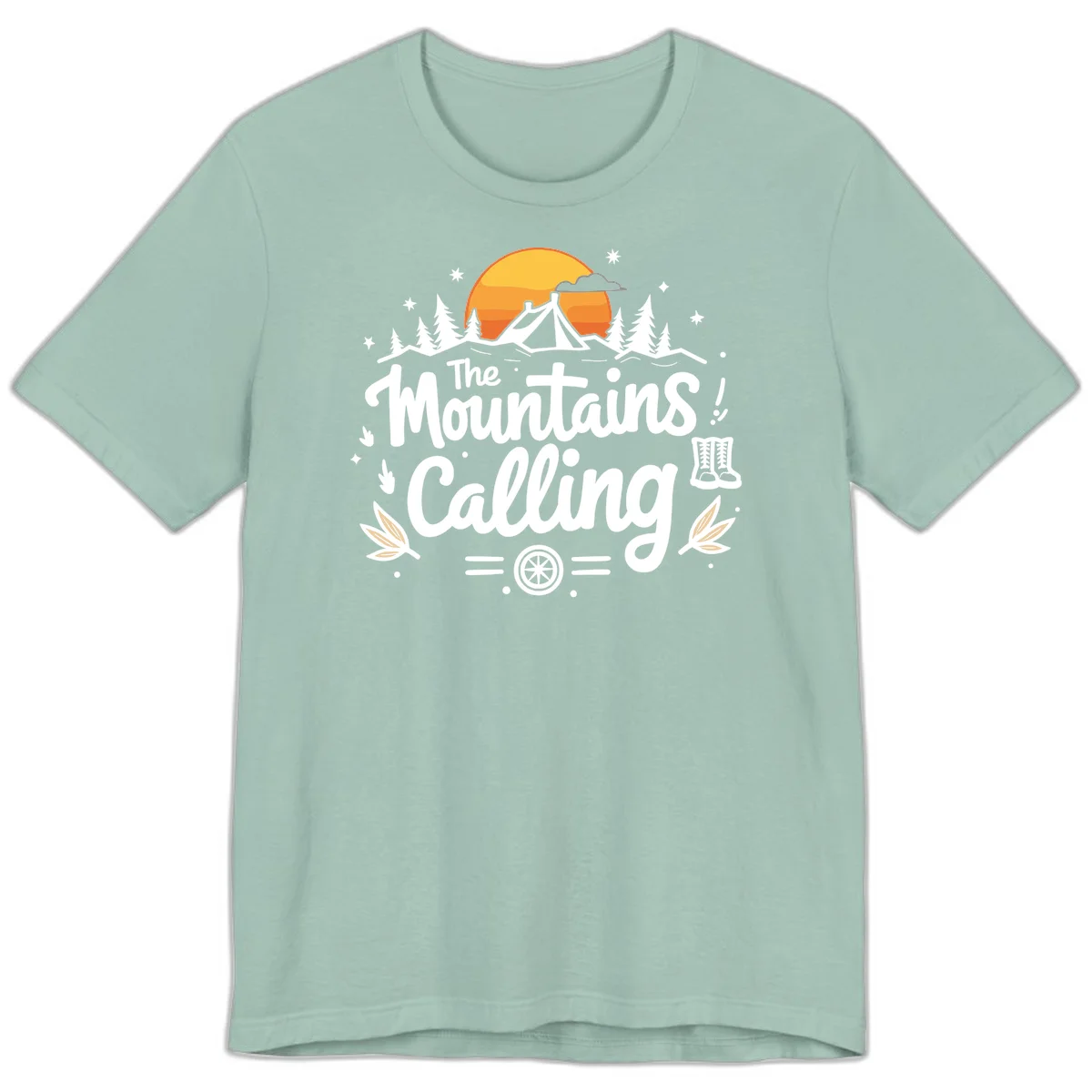 Illustration of a camping tent in a forest with mountains and sunset, surrounded by stars, trees, and hiking boots with 'The Mountains Calling' text. in Dusty Blue
