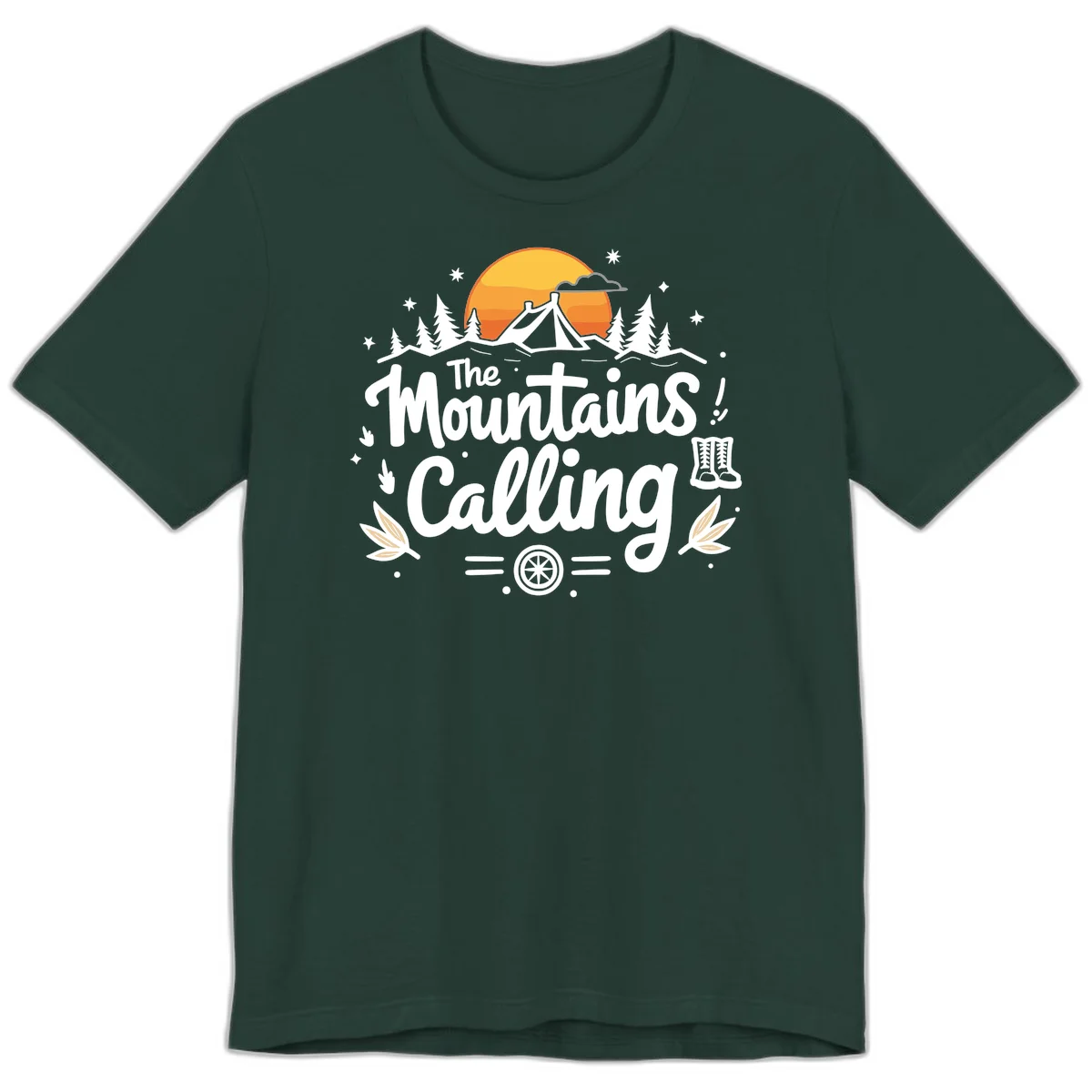 Illustration of a camping tent in a forest with mountains and sunset, surrounded by stars, trees, and hiking boots with 'The Mountains Calling' text. in Forest