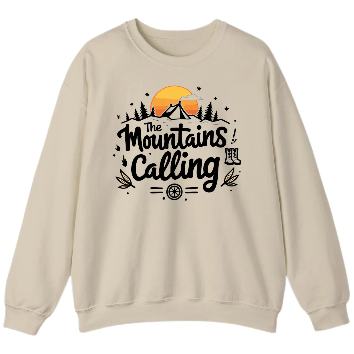 Illustration of a camping tent in a forest with mountains and sunset, surrounded by stars, trees, and hiking boots with 'The Mountains Calling' text. in Sand