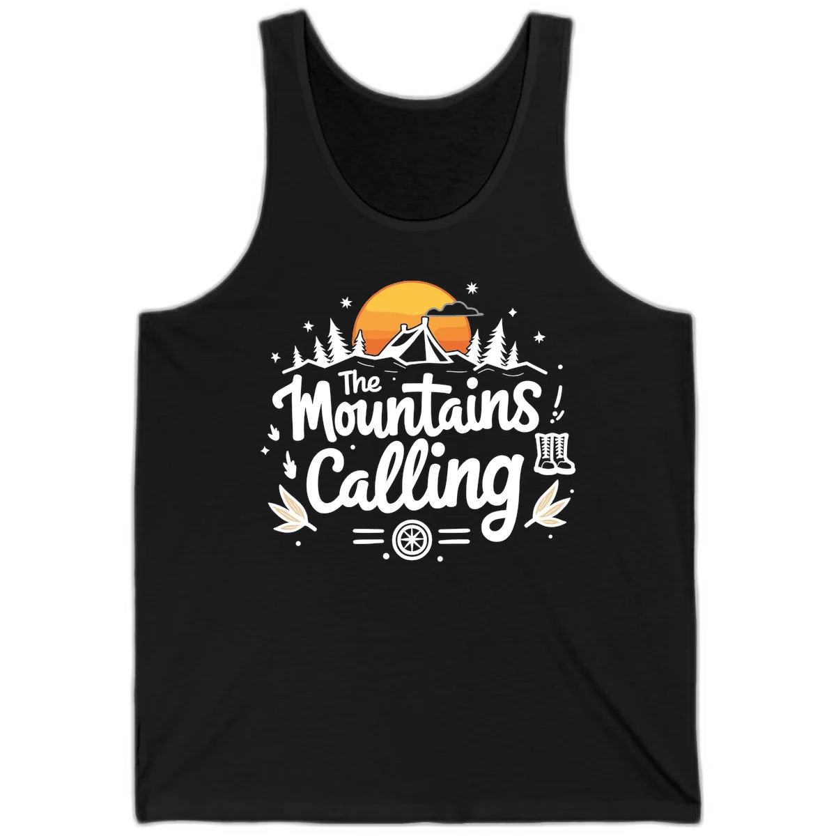 Illustration of a camping tent in a forest with mountains and sunset, surrounded by stars, trees, and hiking boots with 'The Mountains Calling' text. in Black