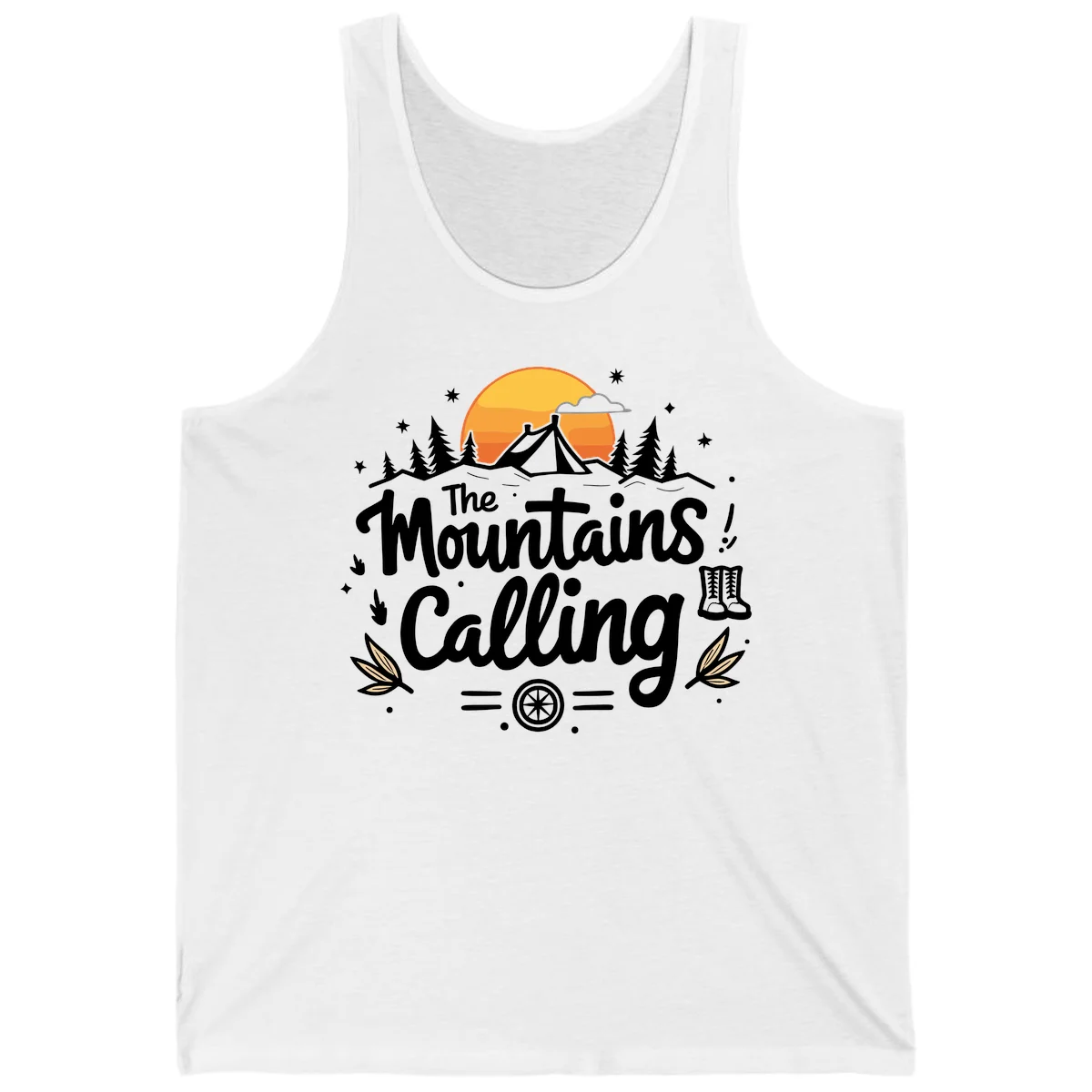 Illustration of a camping tent in a forest with mountains and sunset, surrounded by stars, trees, and hiking boots with 'The Mountains Calling' text. in White