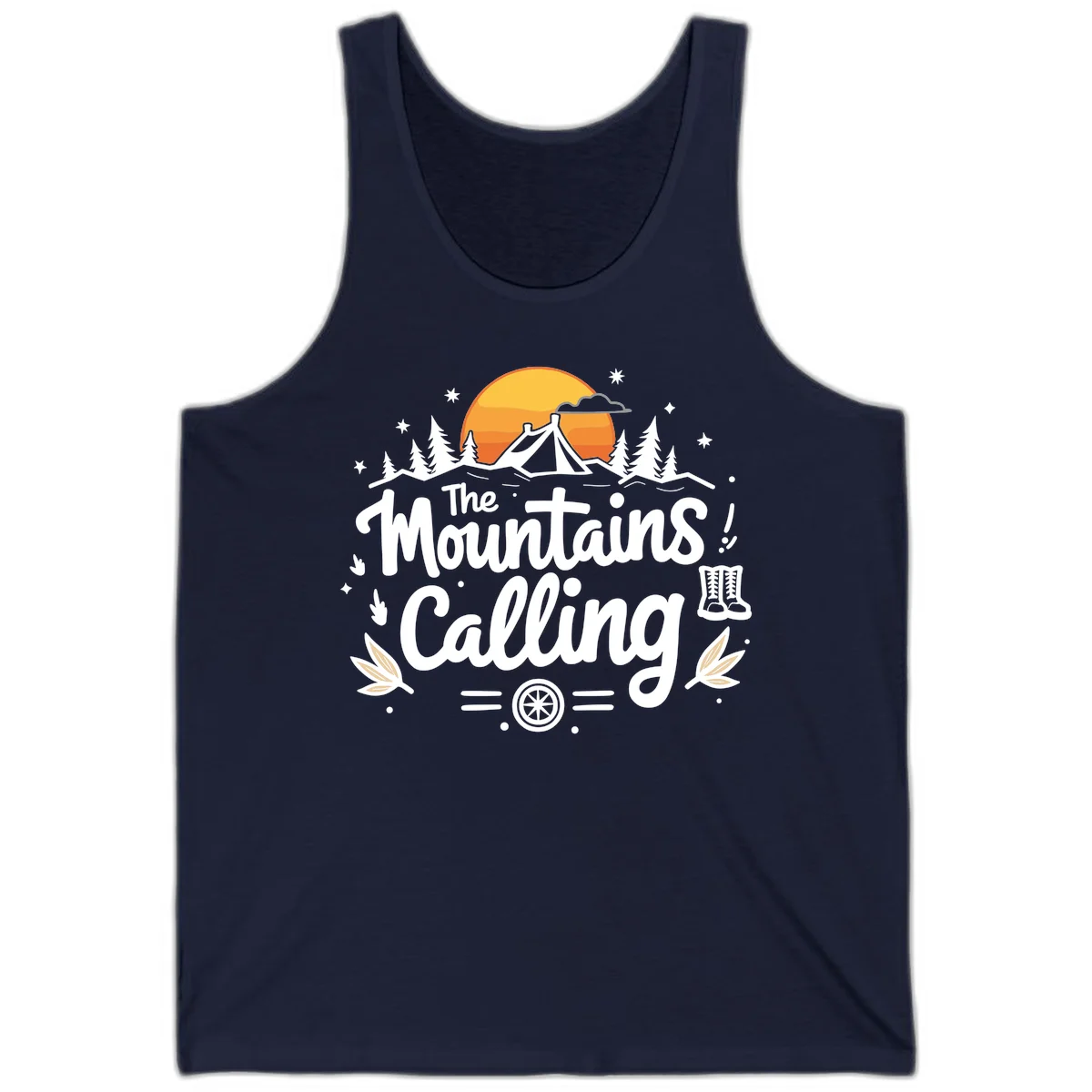 Illustration of a camping tent in a forest with mountains and sunset, surrounded by stars, trees, and hiking boots with 'The Mountains Calling' text. in Navy
