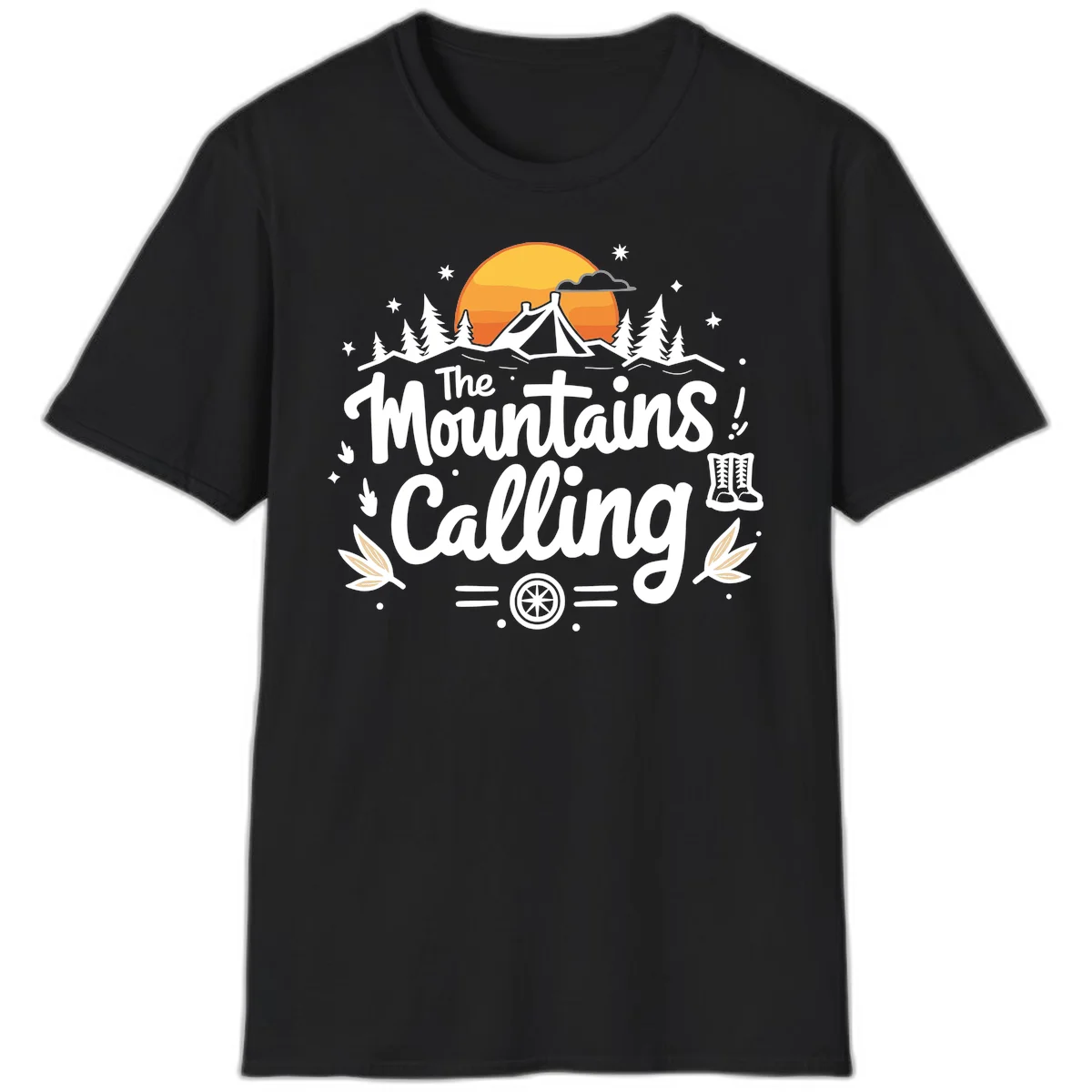 Illustration of a camping tent in a forest with mountains and sunset, surrounded by stars, trees, and hiking boots with 'The Mountains Calling' text. in Black