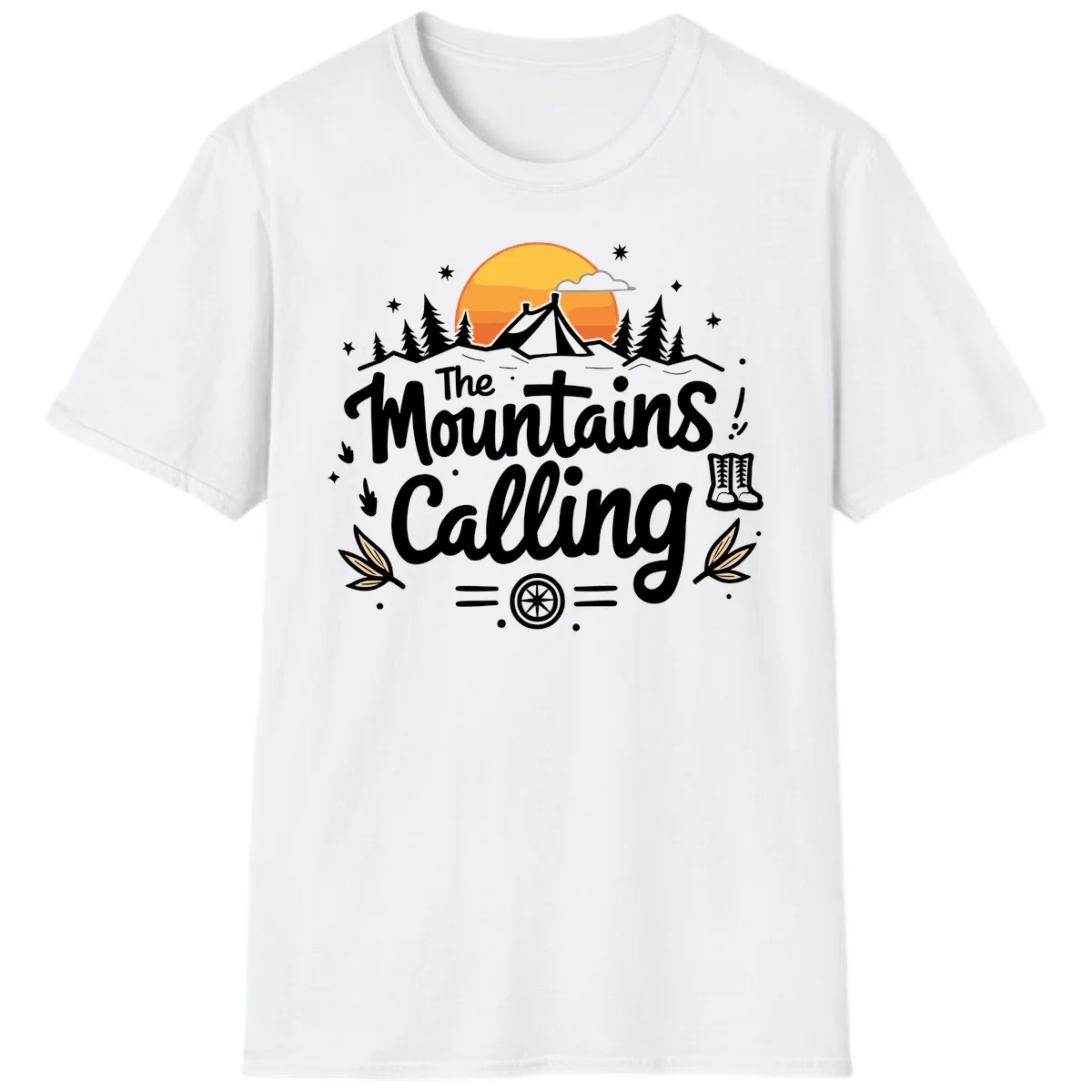 Illustration of a camping tent in a forest with mountains and sunset, surrounded by stars, trees, and hiking boots with 'The Mountains Calling' text. in White