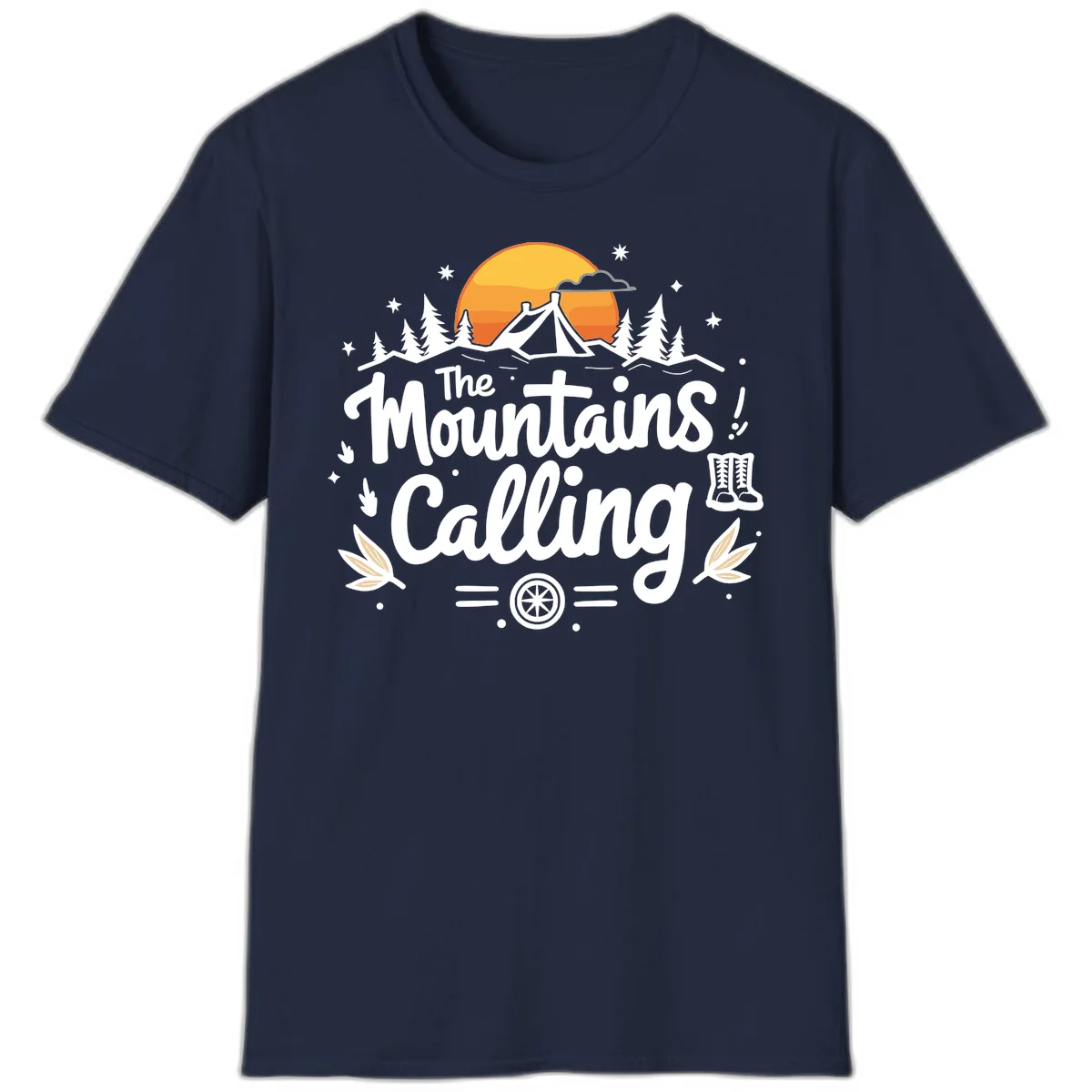 Illustration of a camping tent in a forest with mountains and sunset, surrounded by stars, trees, and hiking boots with 'The Mountains Calling' text. in Navy