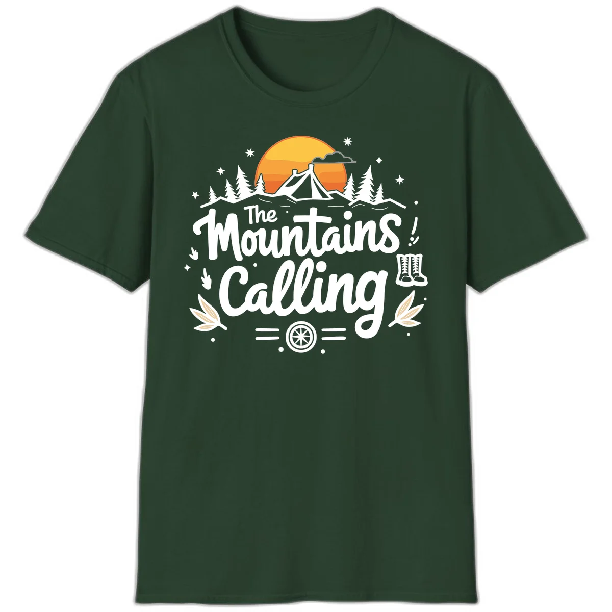Illustration of a camping tent in a forest with mountains and sunset, surrounded by stars, trees, and hiking boots with 'The Mountains Calling' text. in Forest Green
