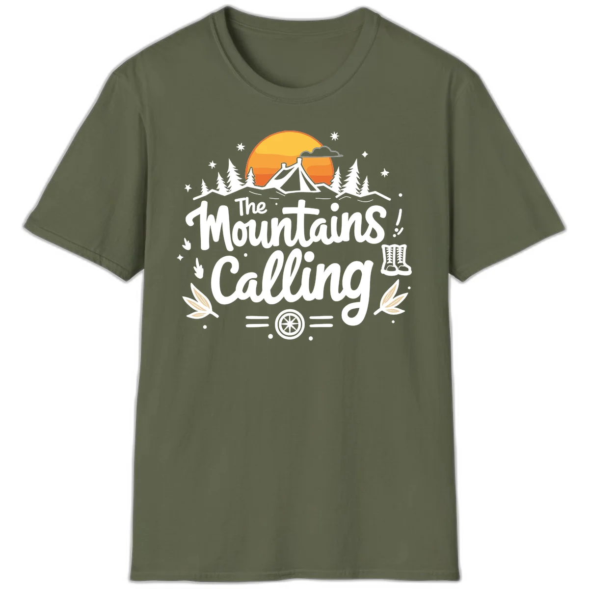Illustration of a camping tent in a forest with mountains and sunset, surrounded by stars, trees, and hiking boots with 'The Mountains Calling' text. in Military Green
