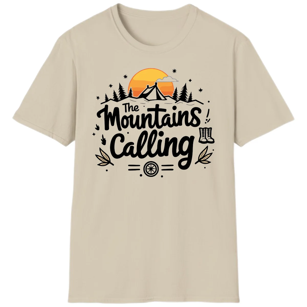 Illustration of a camping tent in a forest with mountains and sunset, surrounded by stars, trees, and hiking boots with 'The Mountains Calling' text. in Sand