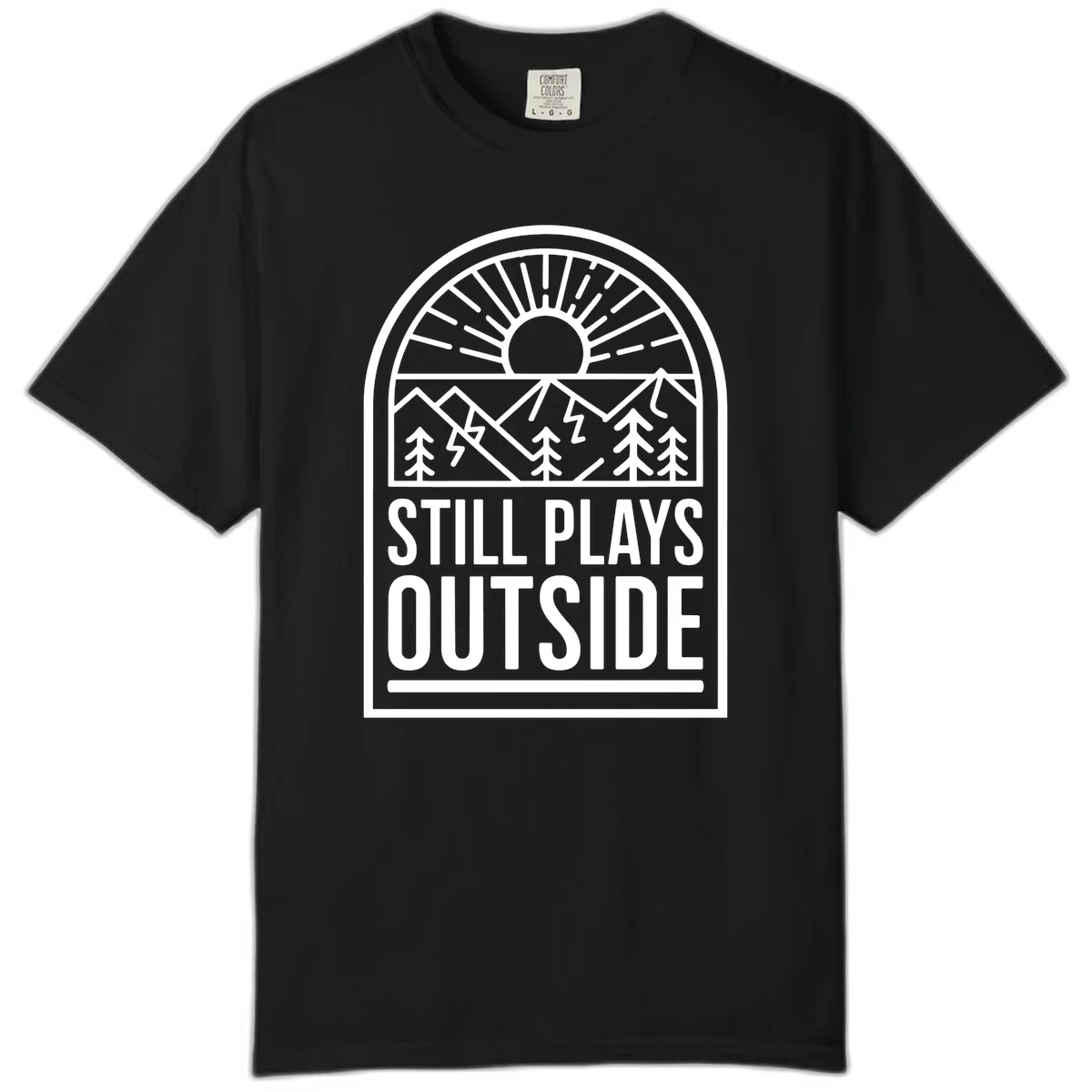 Still Plays Outside badge design featuring mountains, sun, pine trees, and lightning bolt in minimalist line art style in Black