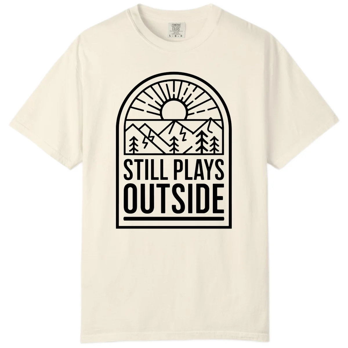 Still Plays Outside badge design featuring mountains, sun, pine trees, and lightning bolt in minimalist line art style in Ivory
