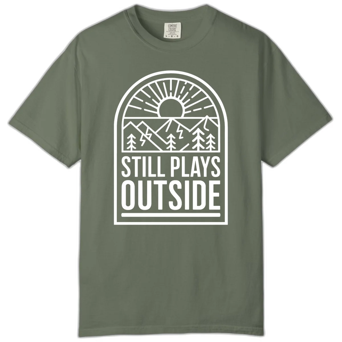 Still Plays Outside badge design featuring mountains, sun, pine trees, and lightning bolt in minimalist line art style in Moss