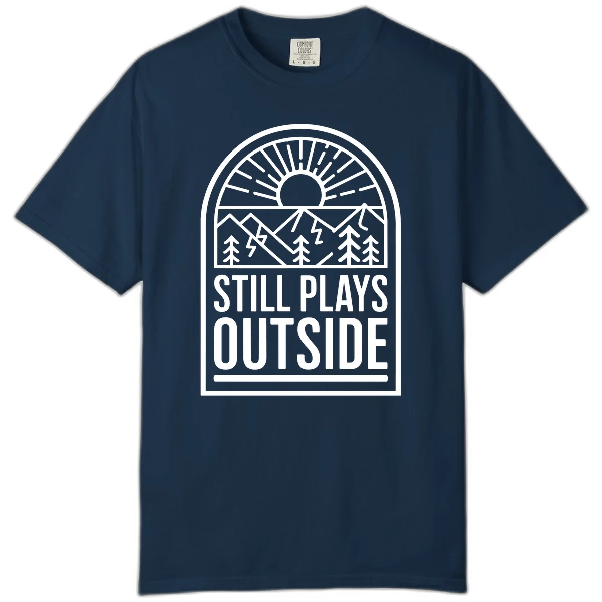 Still Plays Outside badge design featuring mountains, sun, pine trees, and lightning bolt in minimalist line art style in True Navy