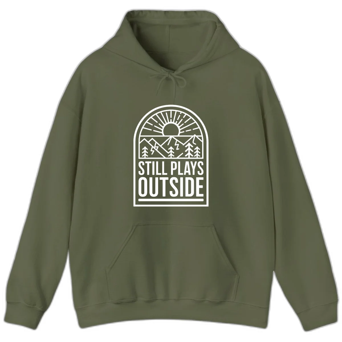 Still Plays Outside badge design featuring mountains, sun, pine trees, and lightning bolt in minimalist line art style in Military Green