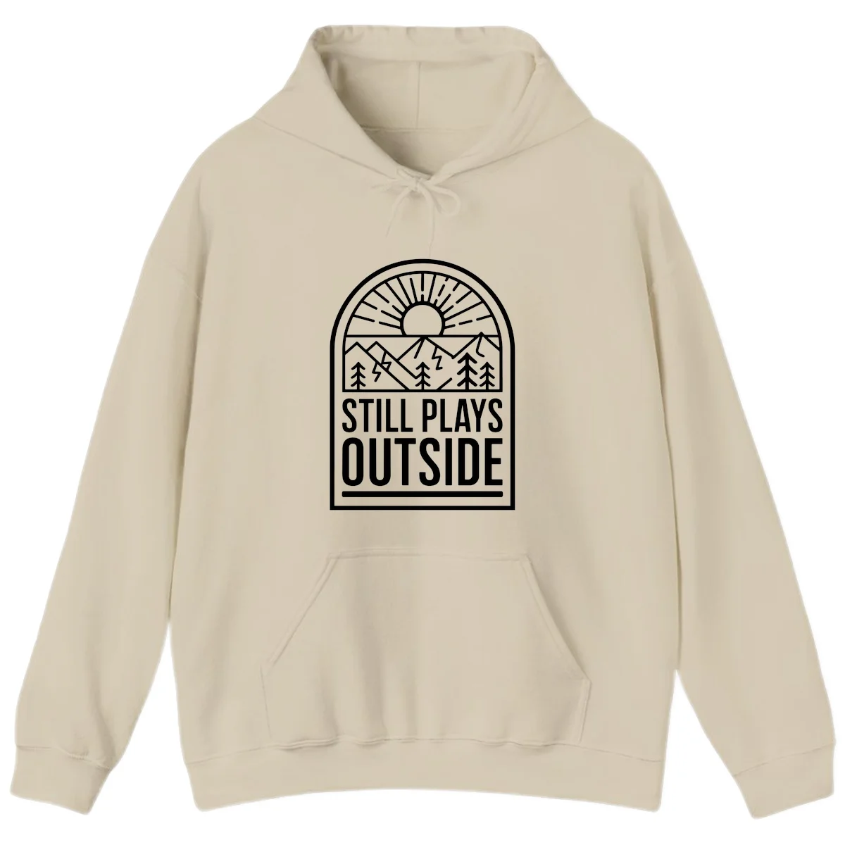 Still Plays Outside badge design featuring mountains, sun, pine trees, and lightning bolt in minimalist line art style in Sand