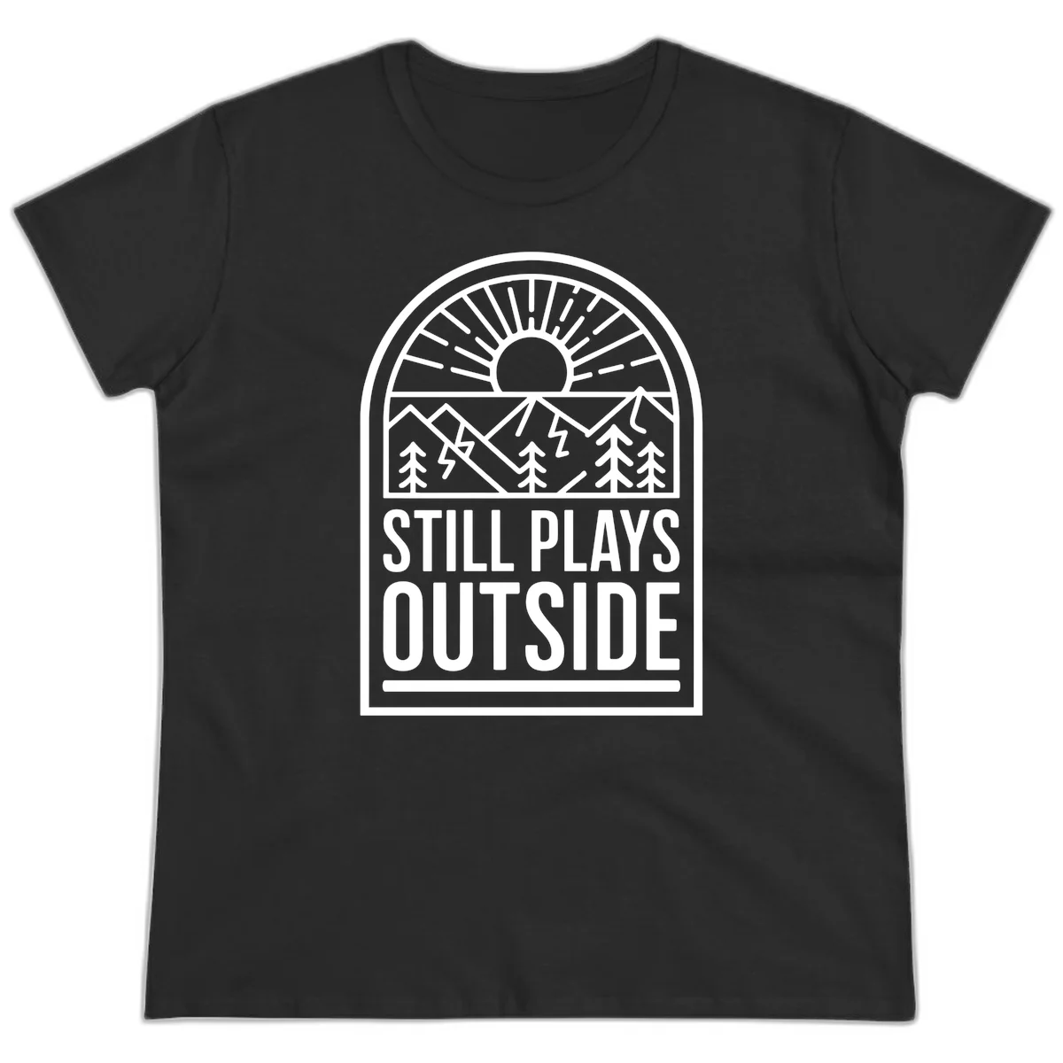 Still Plays Outside badge design featuring mountains, sun, pine trees, and lightning bolt in minimalist line art style in Black