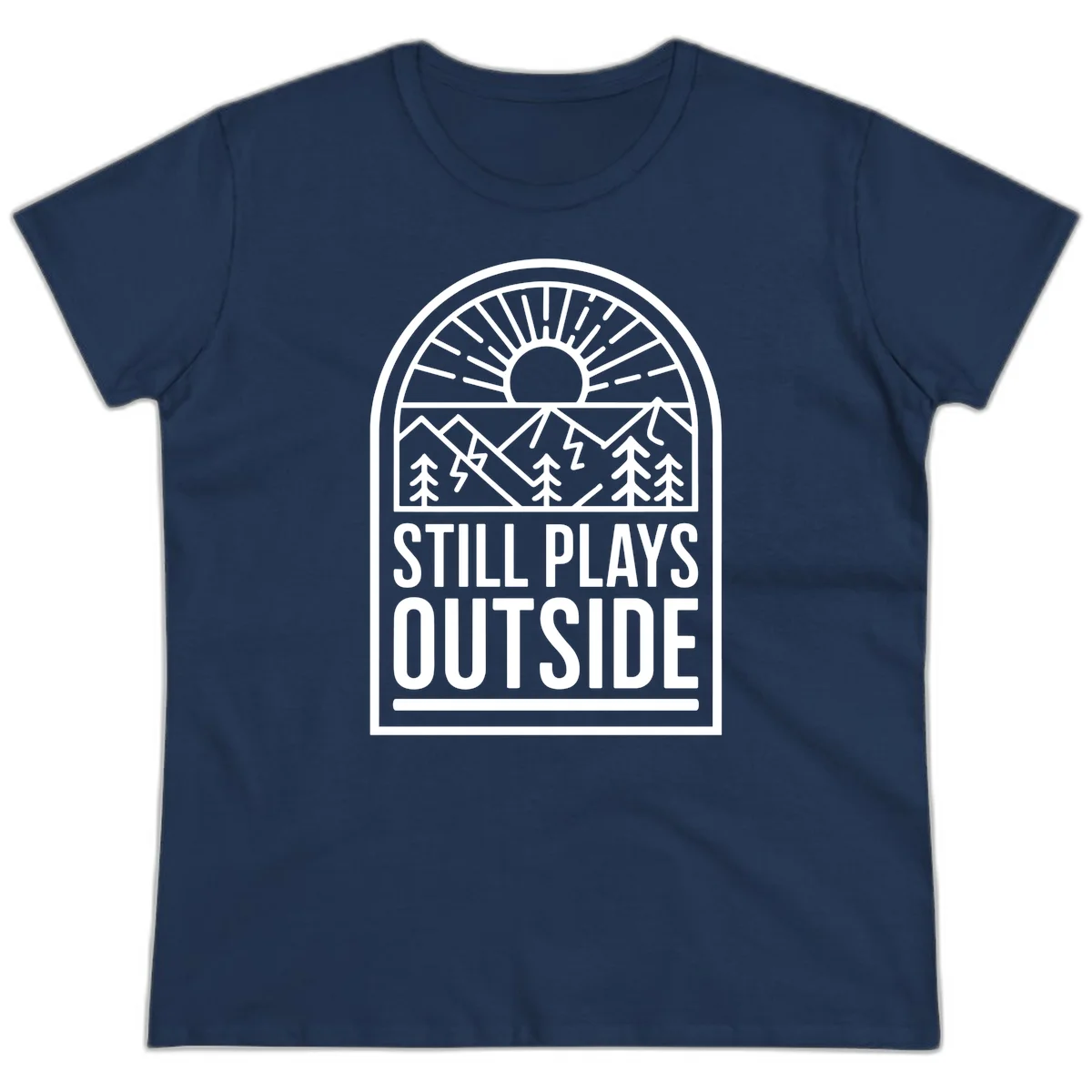 Still Plays Outside badge design featuring mountains, sun, pine trees, and lightning bolt in minimalist line art style in Navy