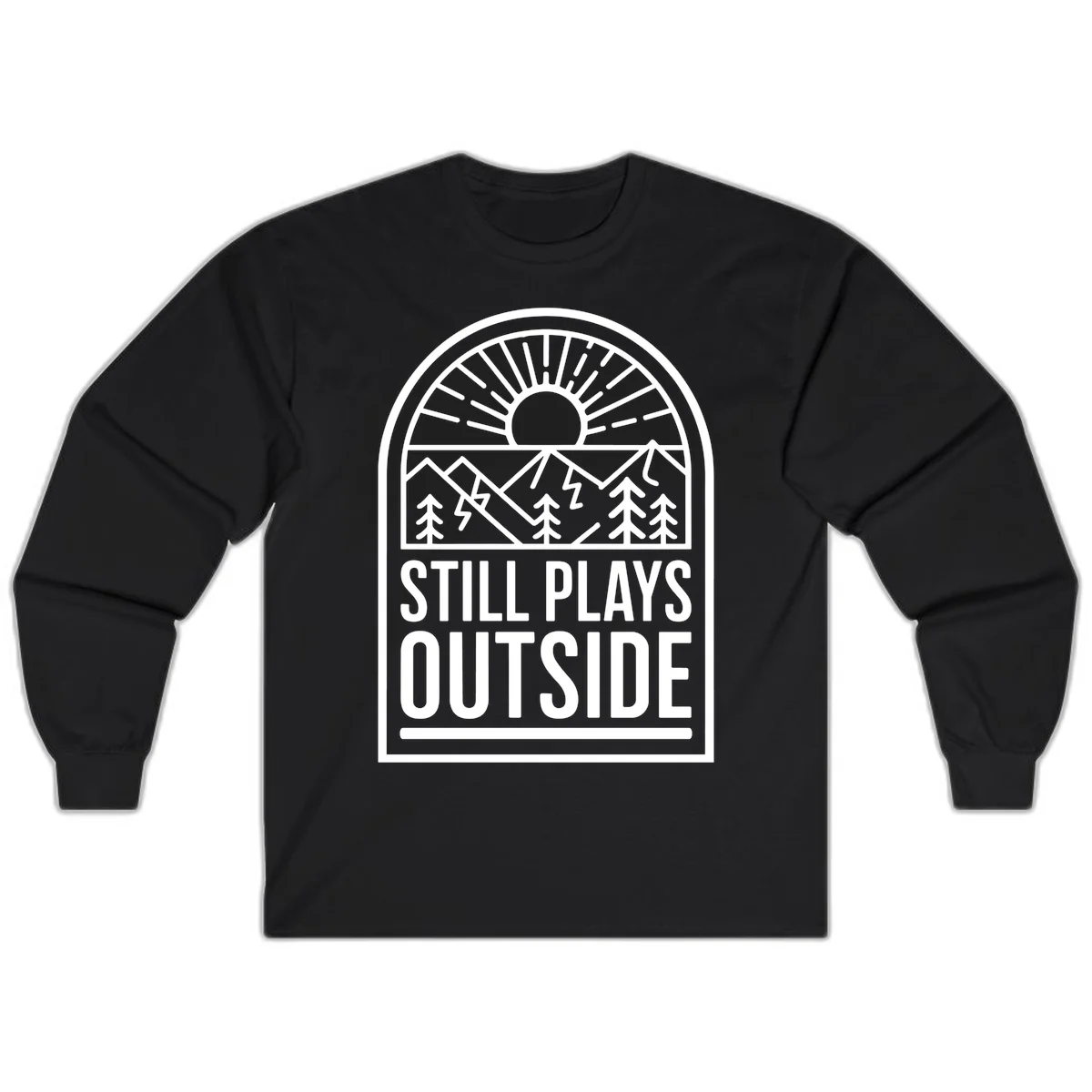Still Plays Outside badge design featuring mountains, sun, pine trees, and lightning bolt in minimalist line art style in Black