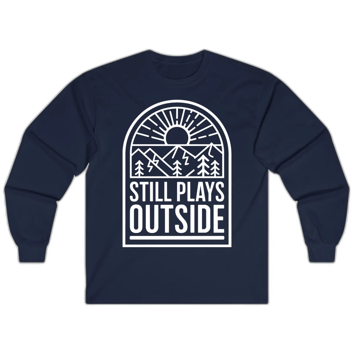 Still Plays Outside badge design featuring mountains, sun, pine trees, and lightning bolt in minimalist line art style in Navy