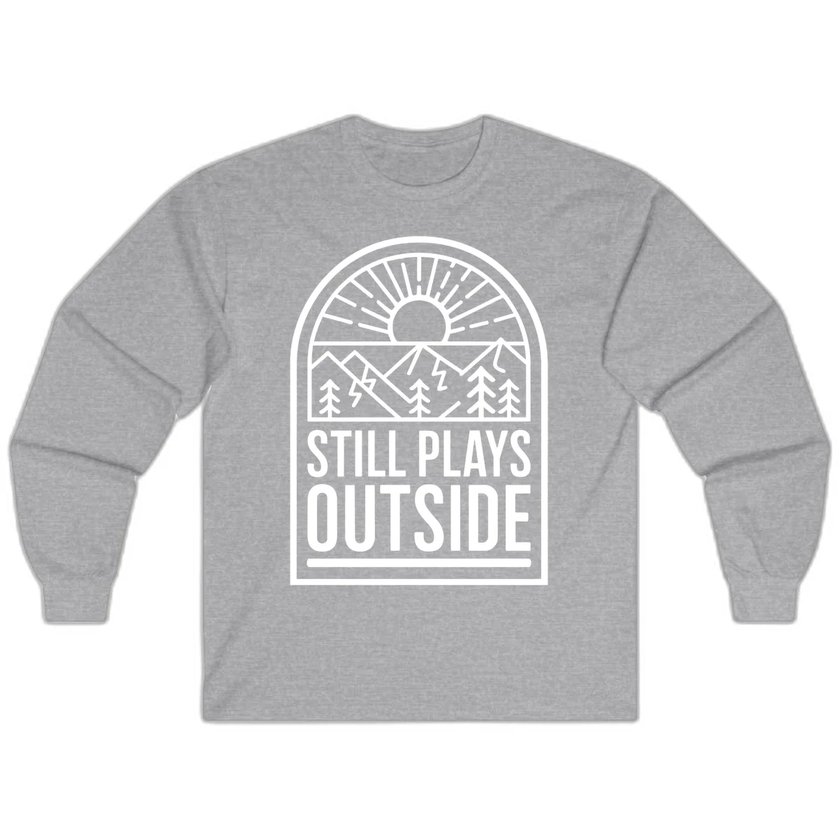 Still Plays Outside badge design featuring mountains, sun, pine trees, and lightning bolt in minimalist line art style in Sport Grey