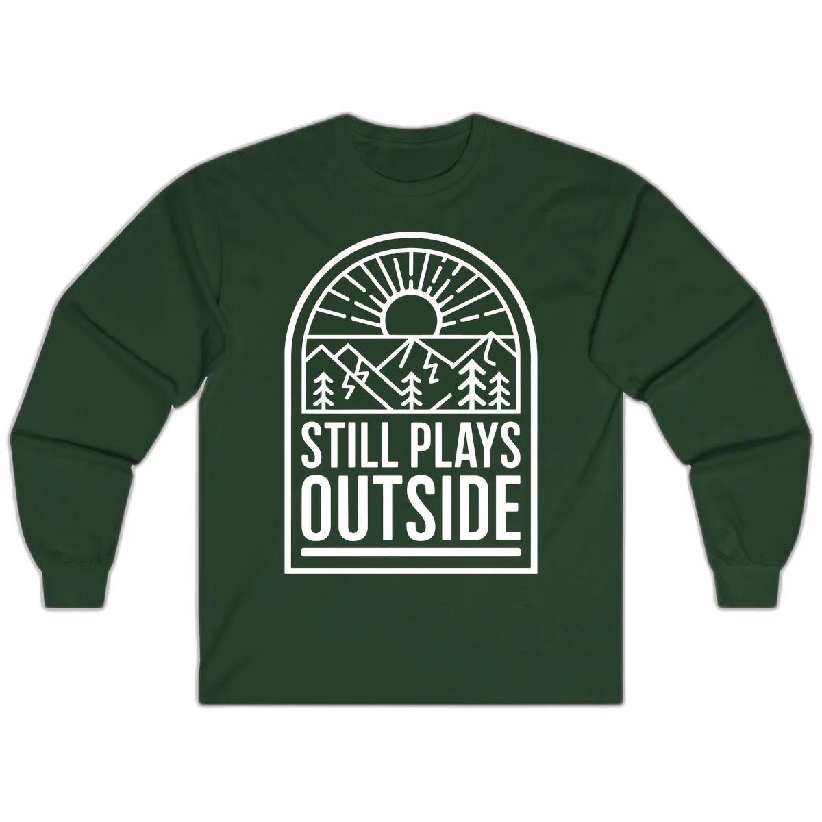 Still Plays Outside badge design featuring mountains, sun, pine trees, and lightning bolt in minimalist line art style in Forest Green