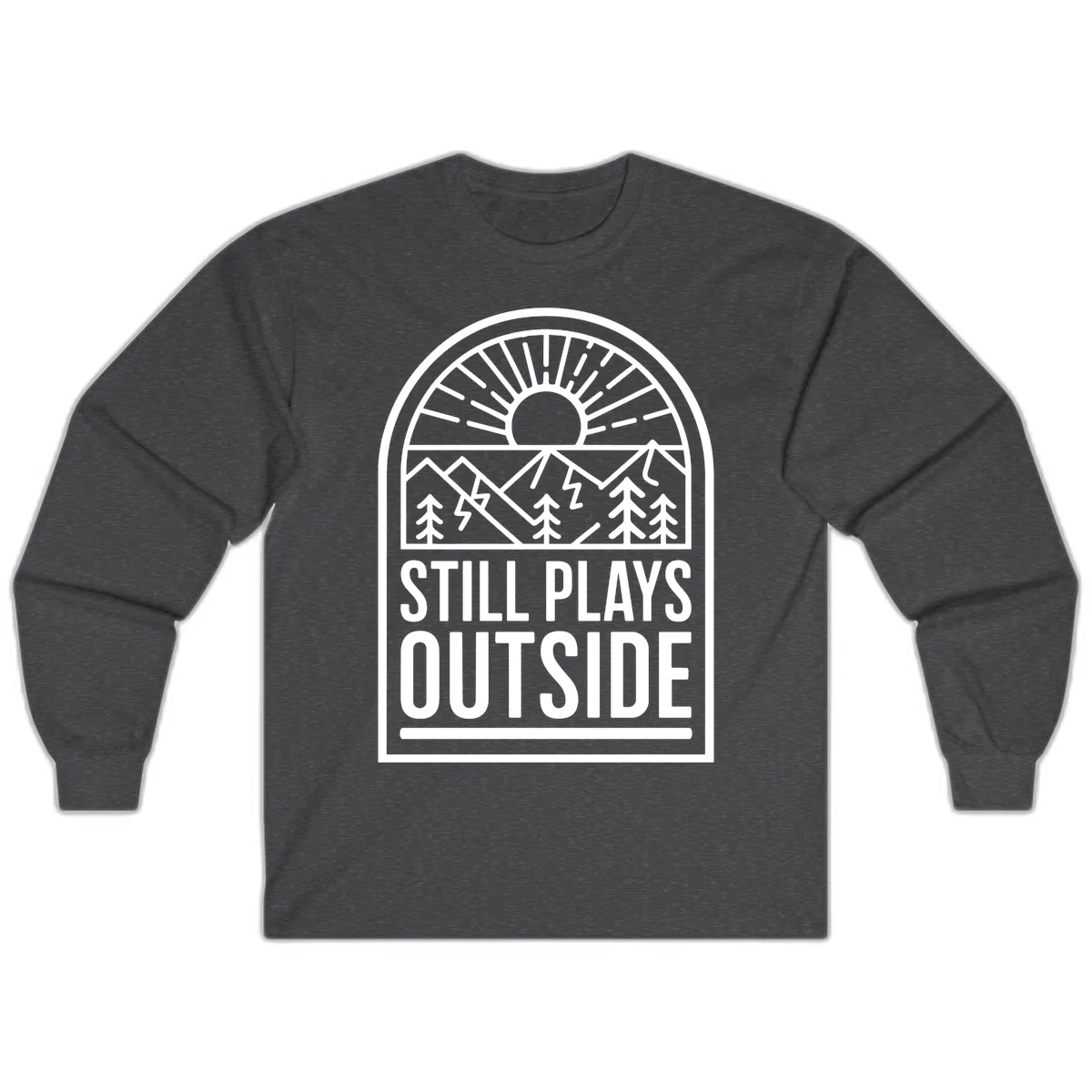 Still Plays Outside badge design featuring mountains, sun, pine trees, and lightning bolt in minimalist line art style in Dark Heather