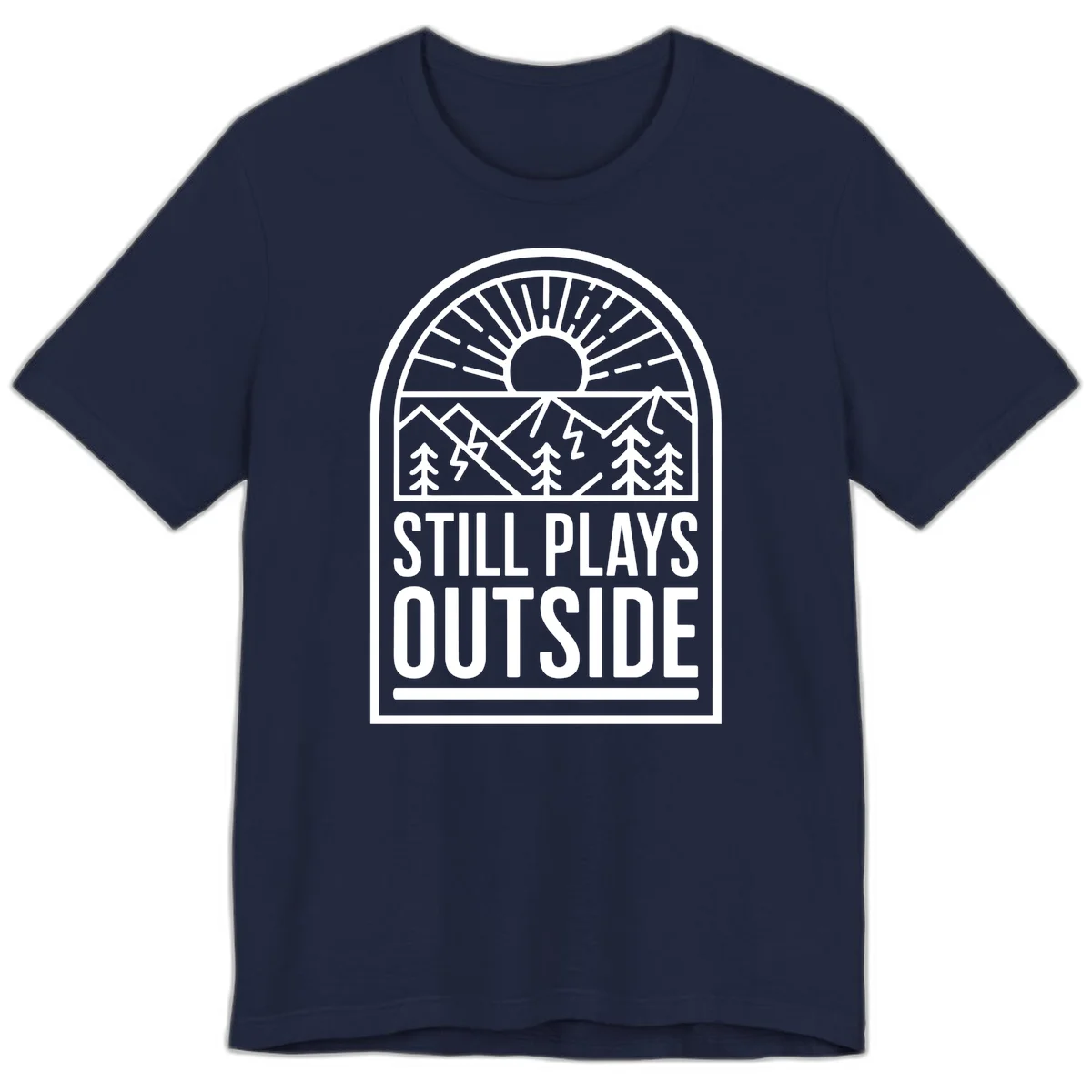 Still Plays Outside badge design featuring mountains, sun, pine trees, and lightning bolt in minimalist line art style in Navy