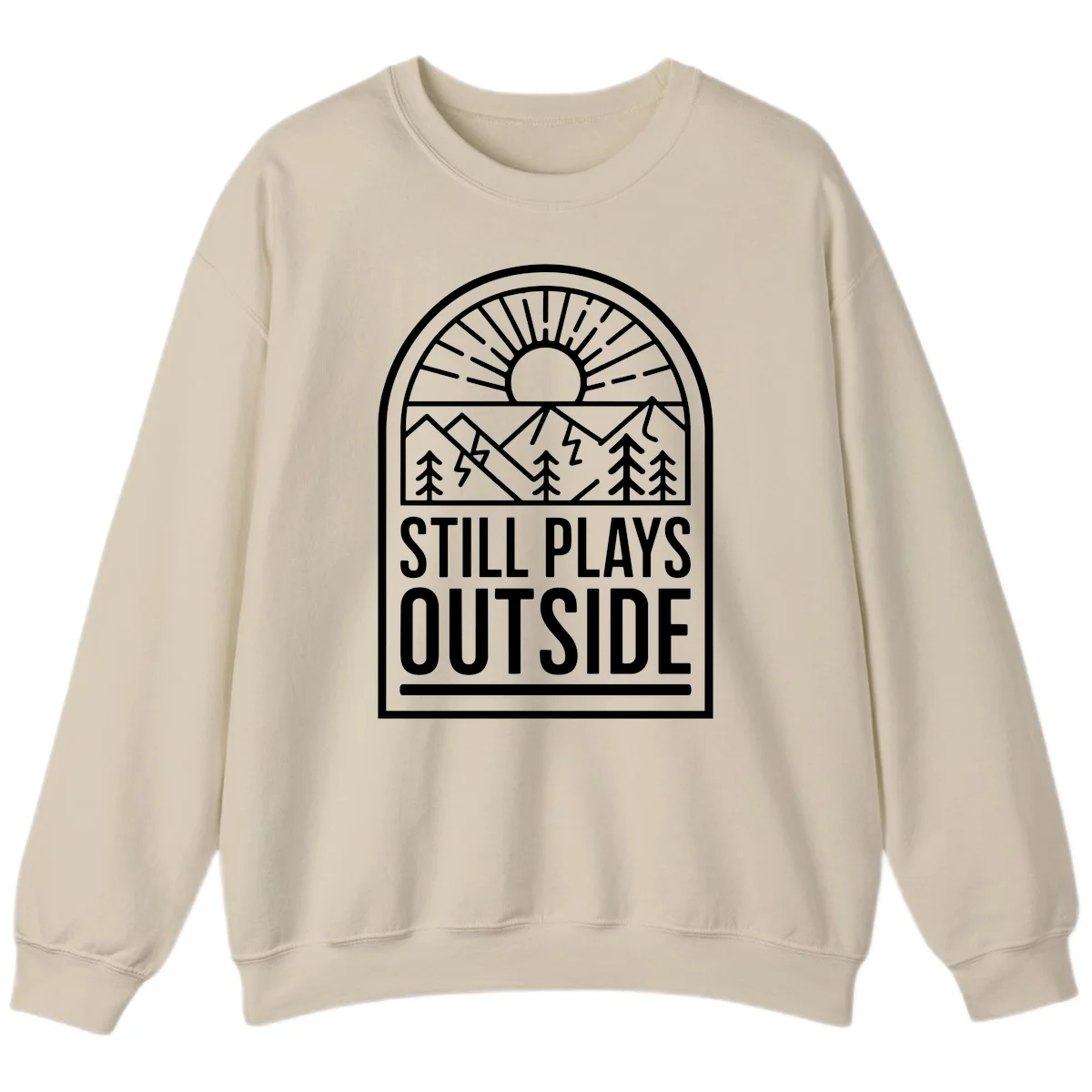 Still Plays Outside badge design featuring mountains, sun, pine trees, and lightning bolt in minimalist line art style in Sand