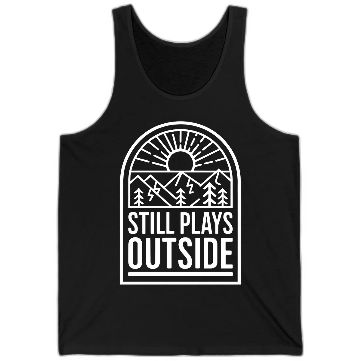 Still Plays Outside badge design featuring mountains, sun, pine trees, and lightning bolt in minimalist line art style in Black
