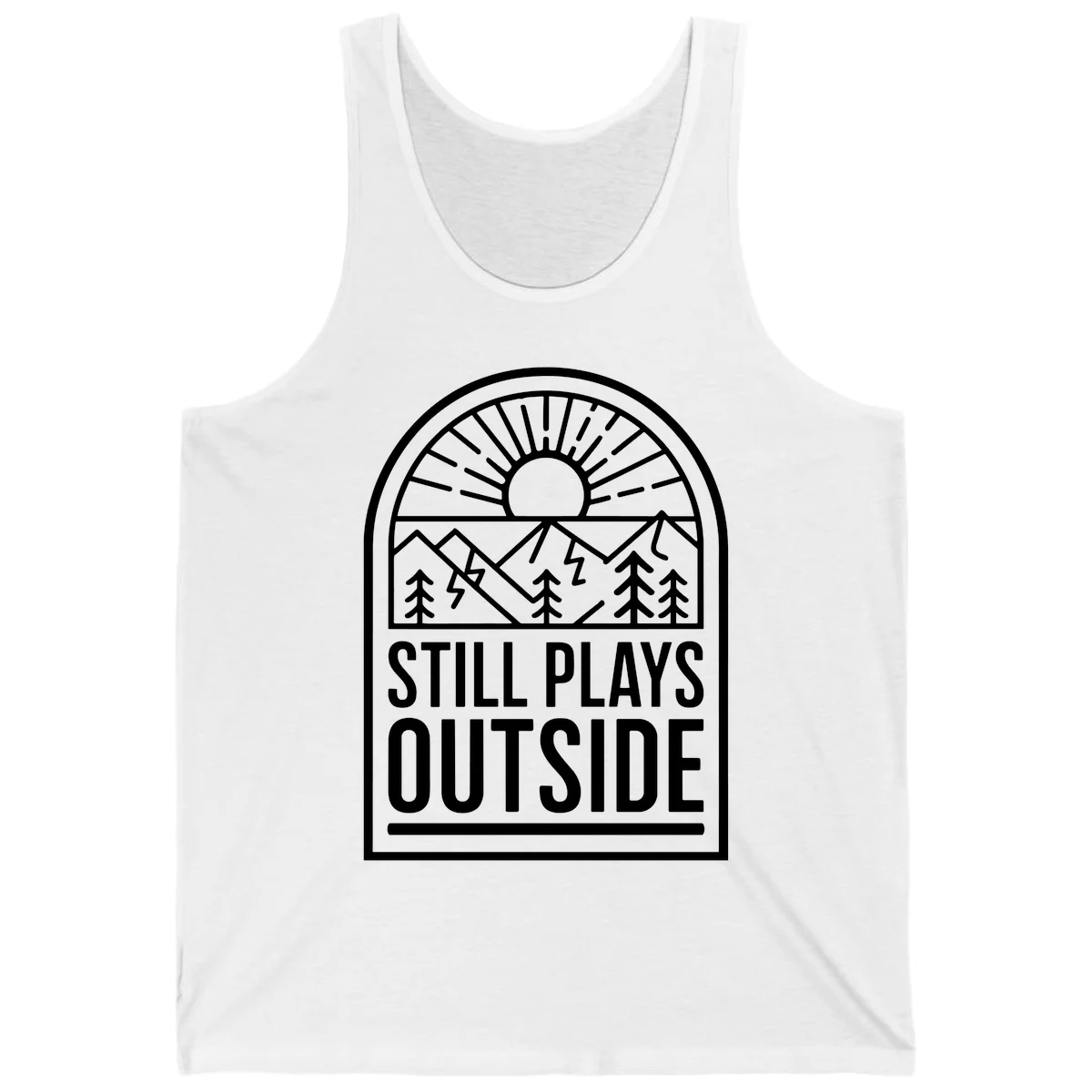 Still Plays Outside badge design featuring mountains, sun, pine trees, and lightning bolt in minimalist line art style in White