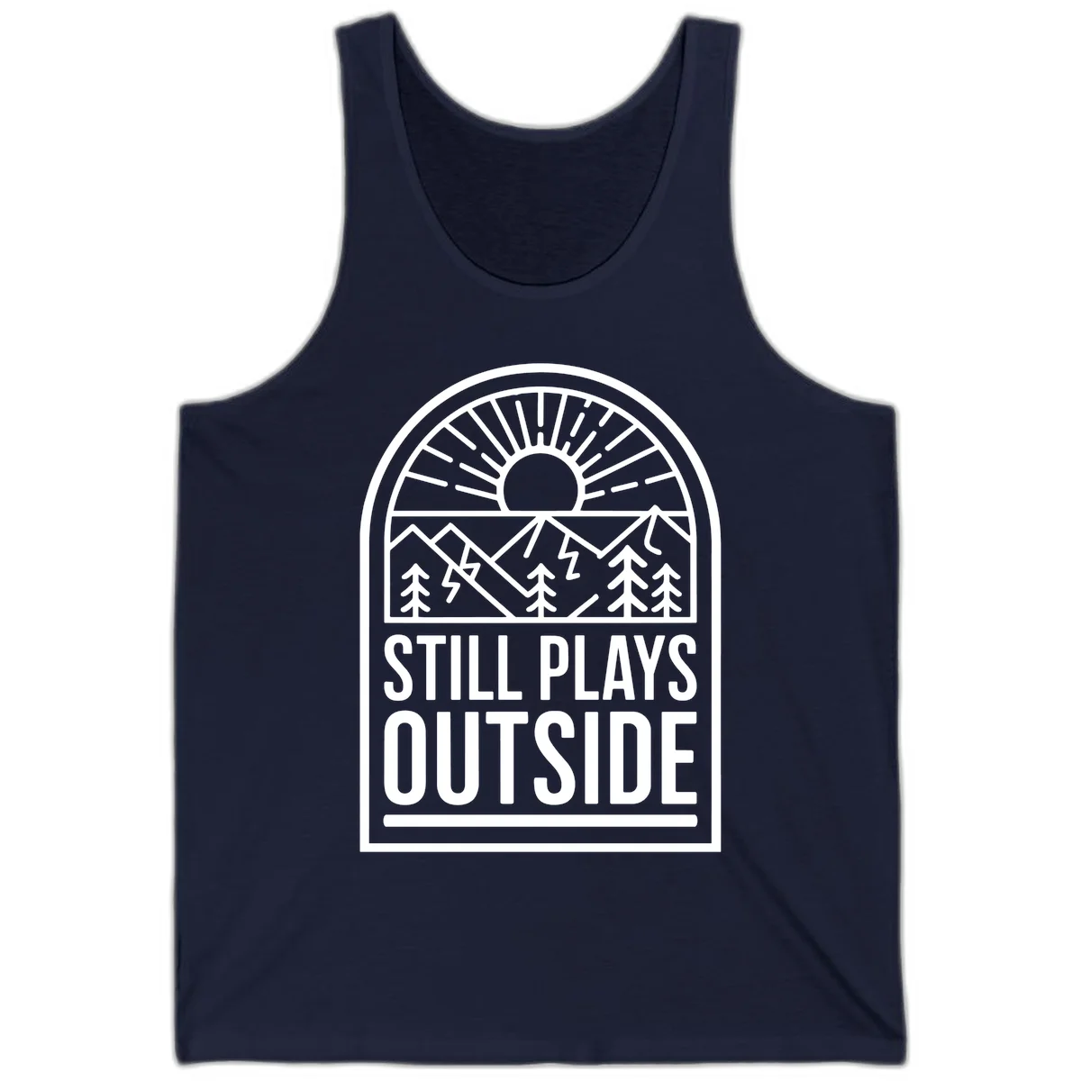 Still Plays Outside badge design featuring mountains, sun, pine trees, and lightning bolt in minimalist line art style in Navy