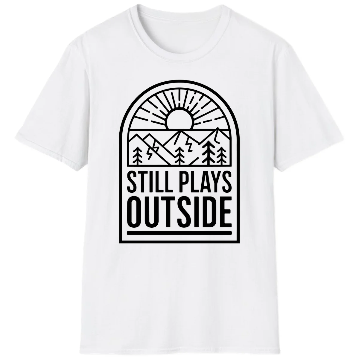 Still Plays Outside badge design featuring mountains, sun, pine trees, and lightning bolt in minimalist line art style in White