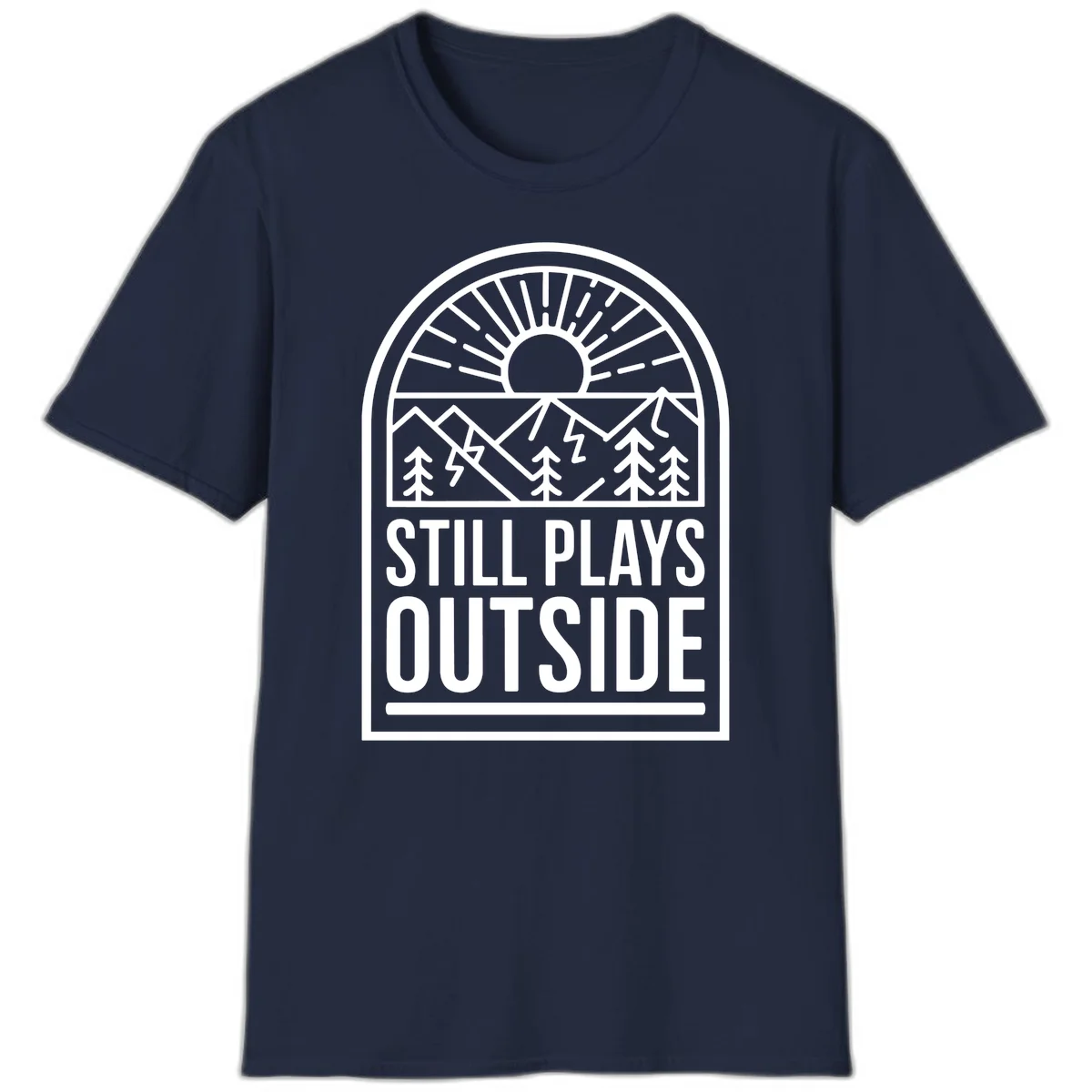 Still Plays Outside badge design featuring mountains, sun, pine trees, and lightning bolt in minimalist line art style in Navy