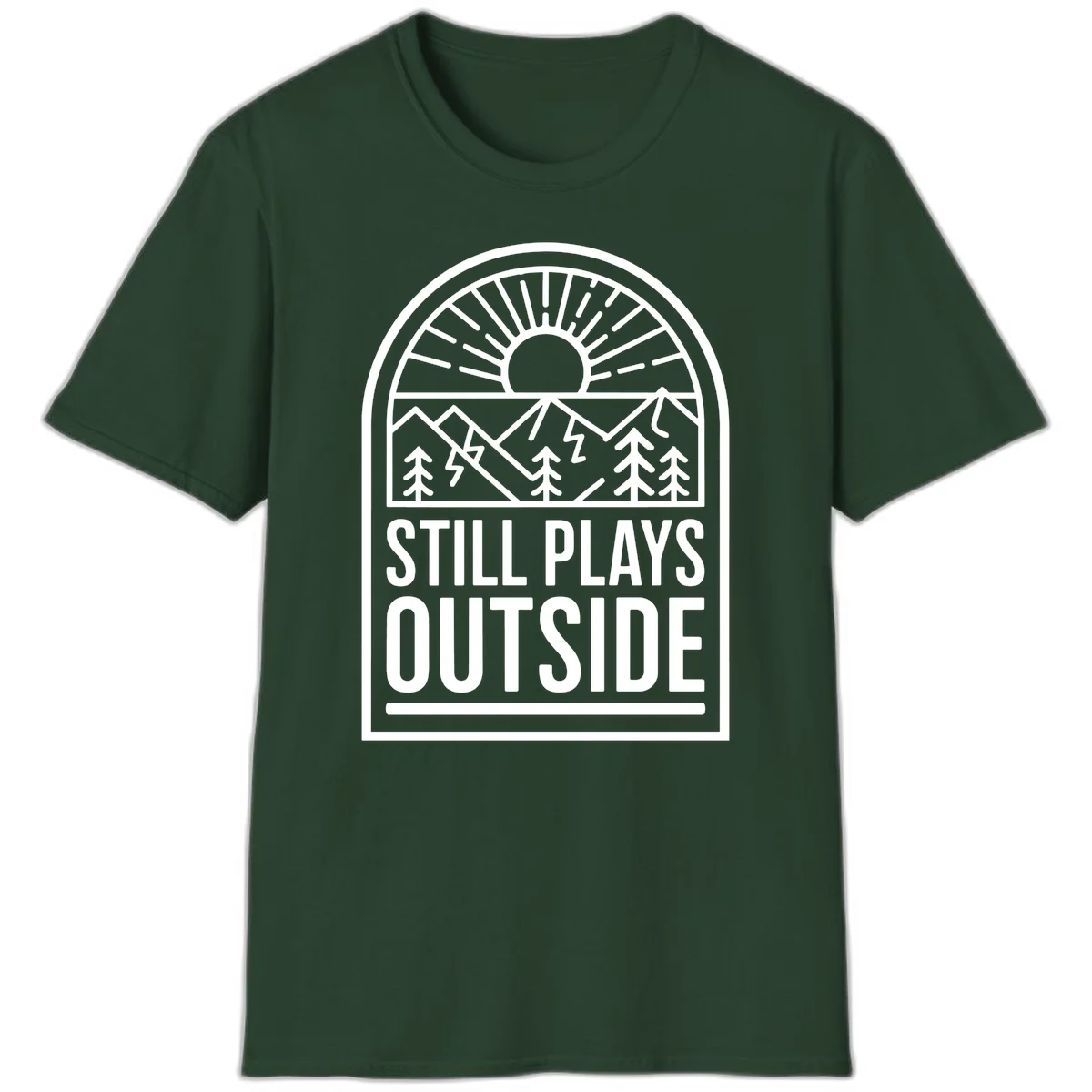Still Plays Outside badge design featuring mountains, sun, pine trees, and lightning bolt in minimalist line art style in Forest Green