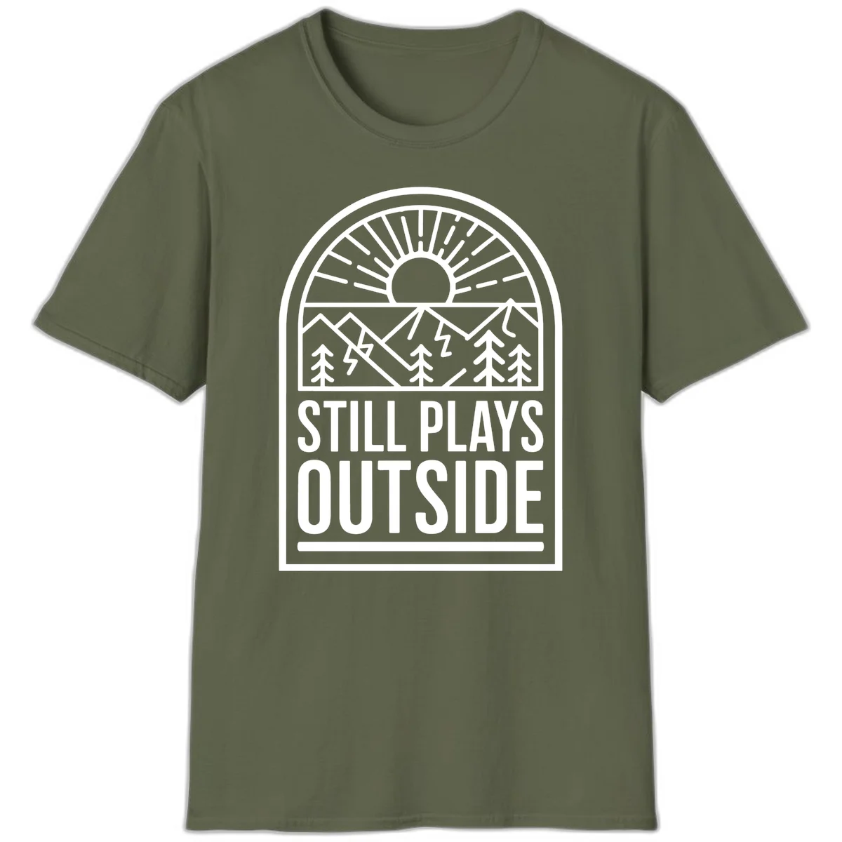 Still Plays Outside badge design featuring mountains, sun, pine trees, and lightning bolt in minimalist line art style in Military Green