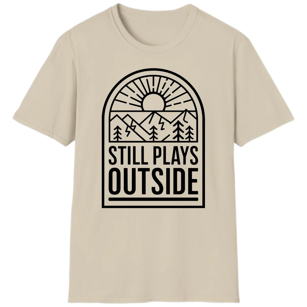 Still Plays Outside badge design featuring mountains, sun, pine trees, and lightning bolt in minimalist line art style in Sand