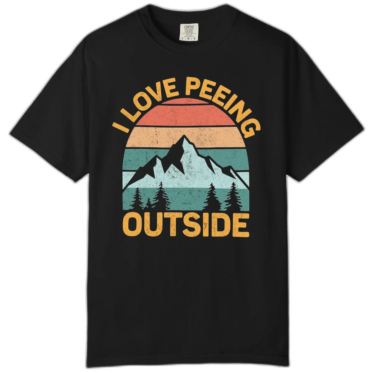 Retro sunset design with snow mountains and trees, text reads 'I Love Peeling Outside' in distressed gold lettering in Black