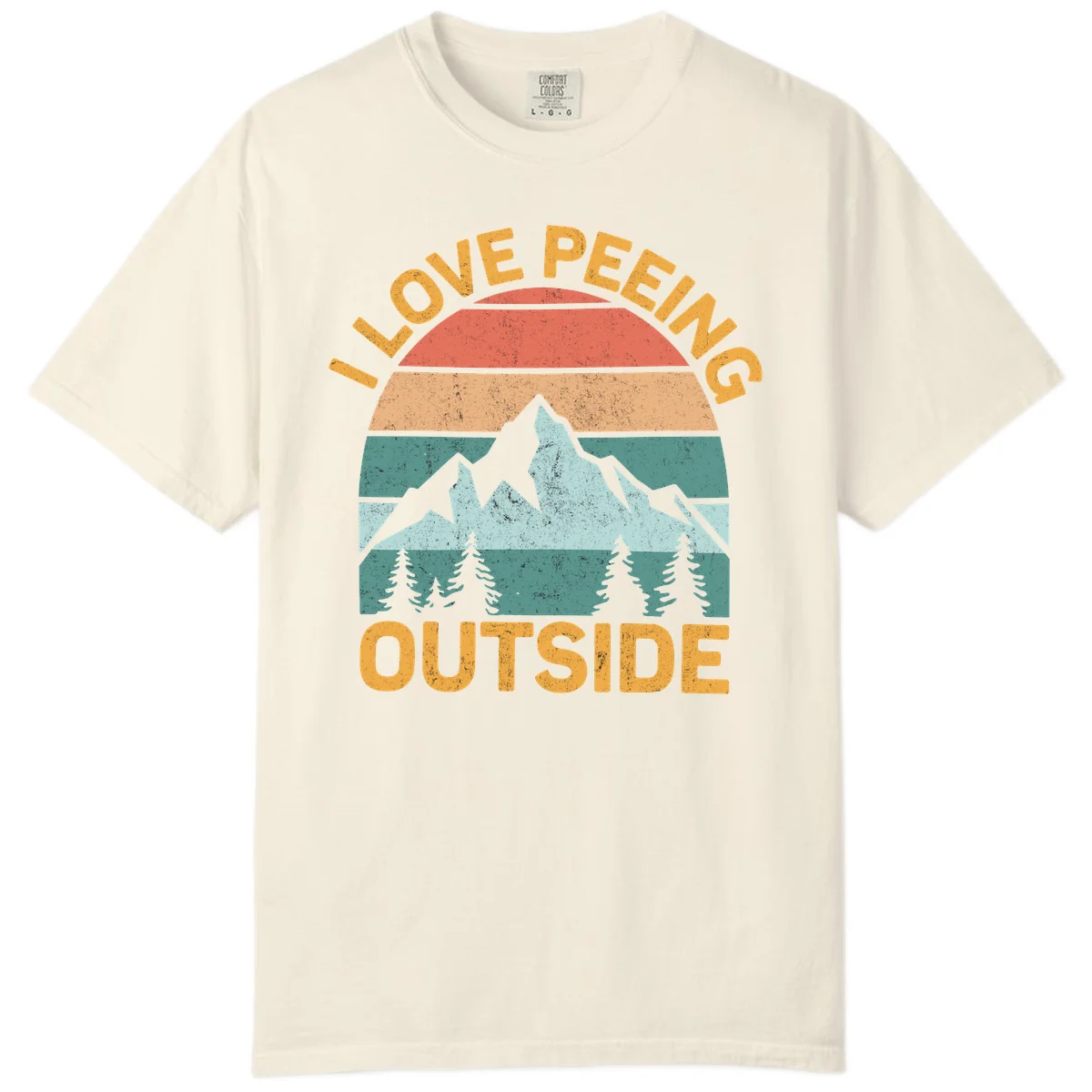 Retro sunset design with snow mountains and trees, text reads 'I Love Peeling Outside' in distressed gold lettering in Ivory