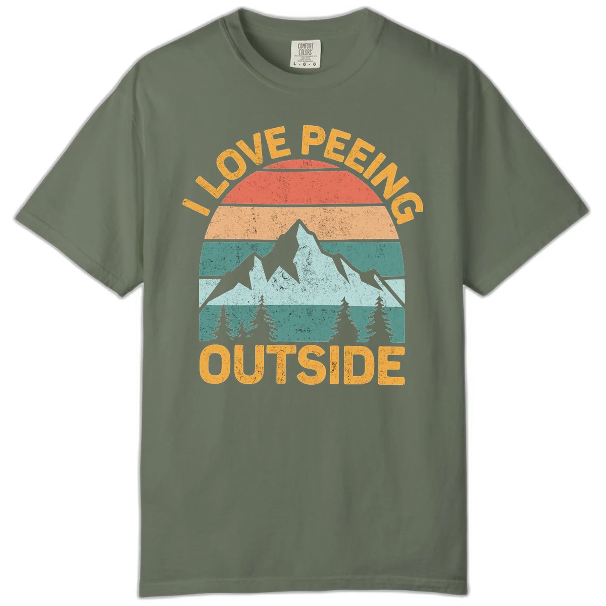 Retro sunset design with snow mountains and trees, text reads 'I Love Peeling Outside' in distressed gold lettering in Moss