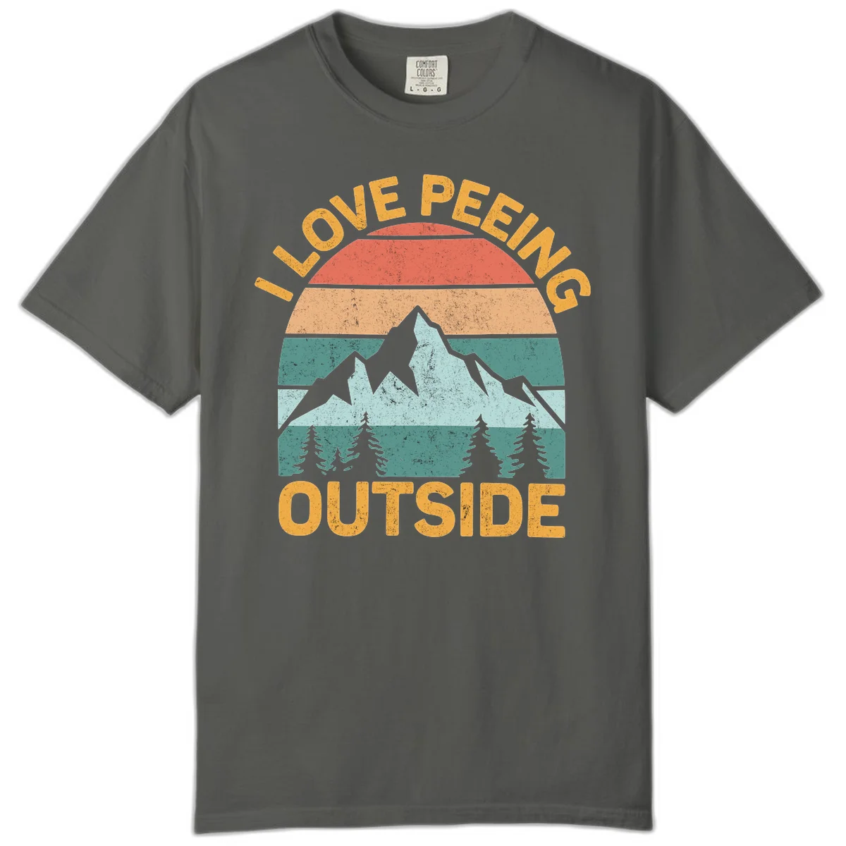 Retro sunset design with snow mountains and trees, text reads 'I Love Peeling Outside' in distressed gold lettering in Pepper