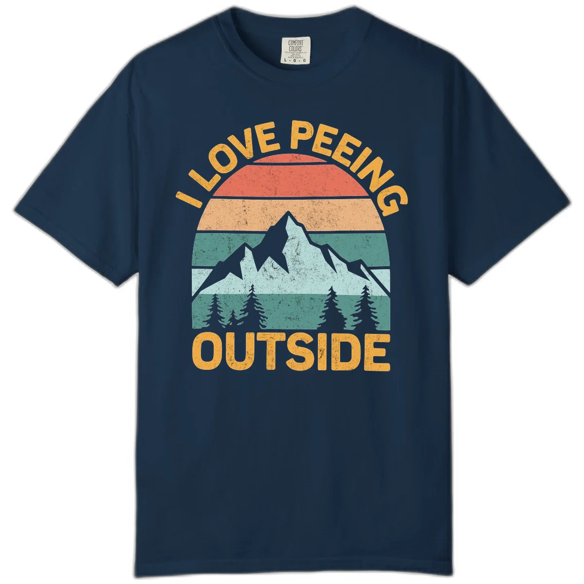 Retro sunset design with snow mountains and trees, text reads 'I Love Peeling Outside' in distressed gold lettering in True Navy