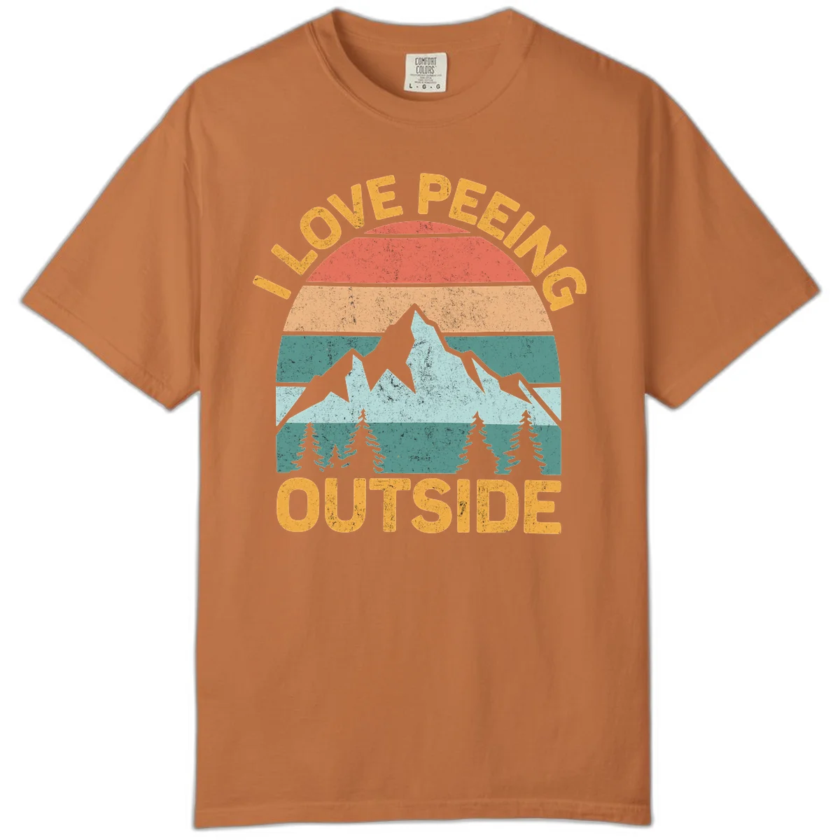 Retro sunset design with snow mountains and trees, text reads 'I Love Peeling Outside' in distressed gold lettering in Yam