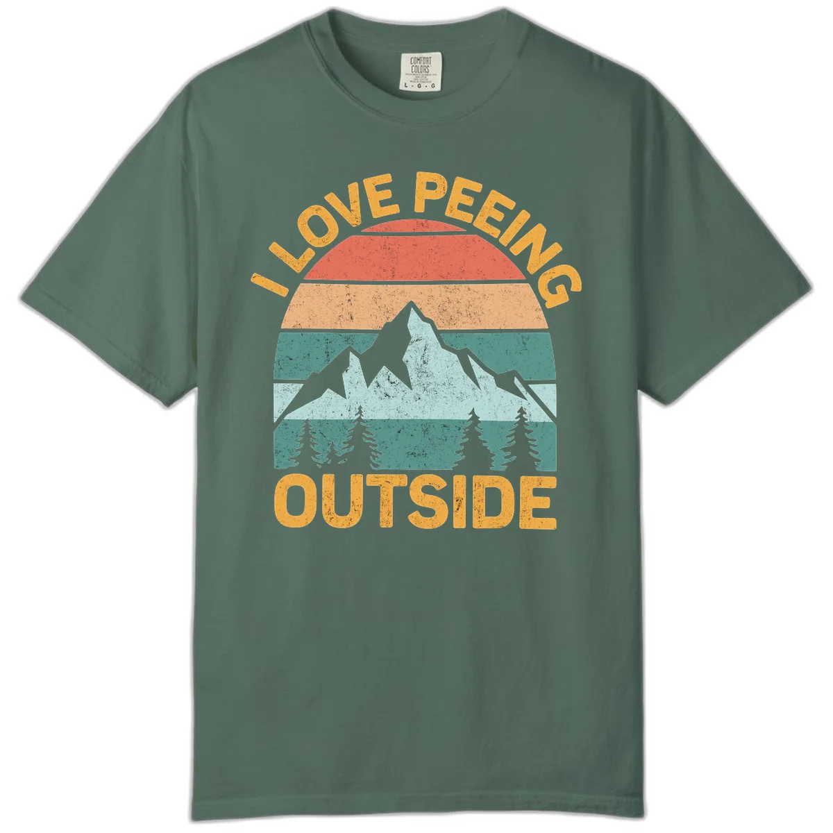 Retro sunset design with snow mountains and trees, text reads 'I Love Peeling Outside' in distressed gold lettering in Blue Spruce