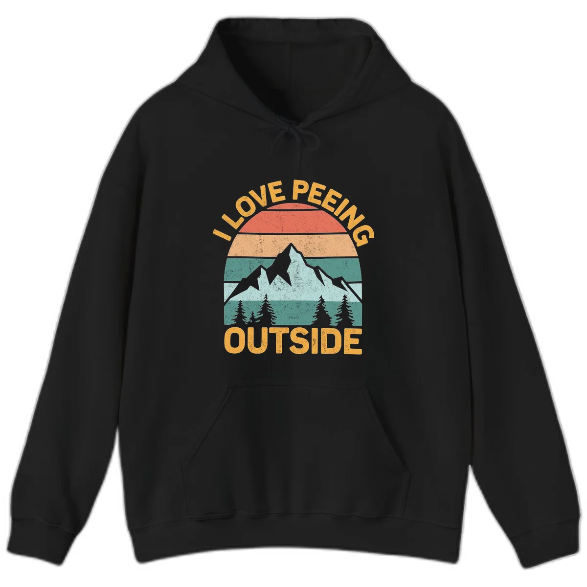 Retro sunset design with snow mountains and trees, text reads 'I Love Peeling Outside' in distressed gold lettering in Black