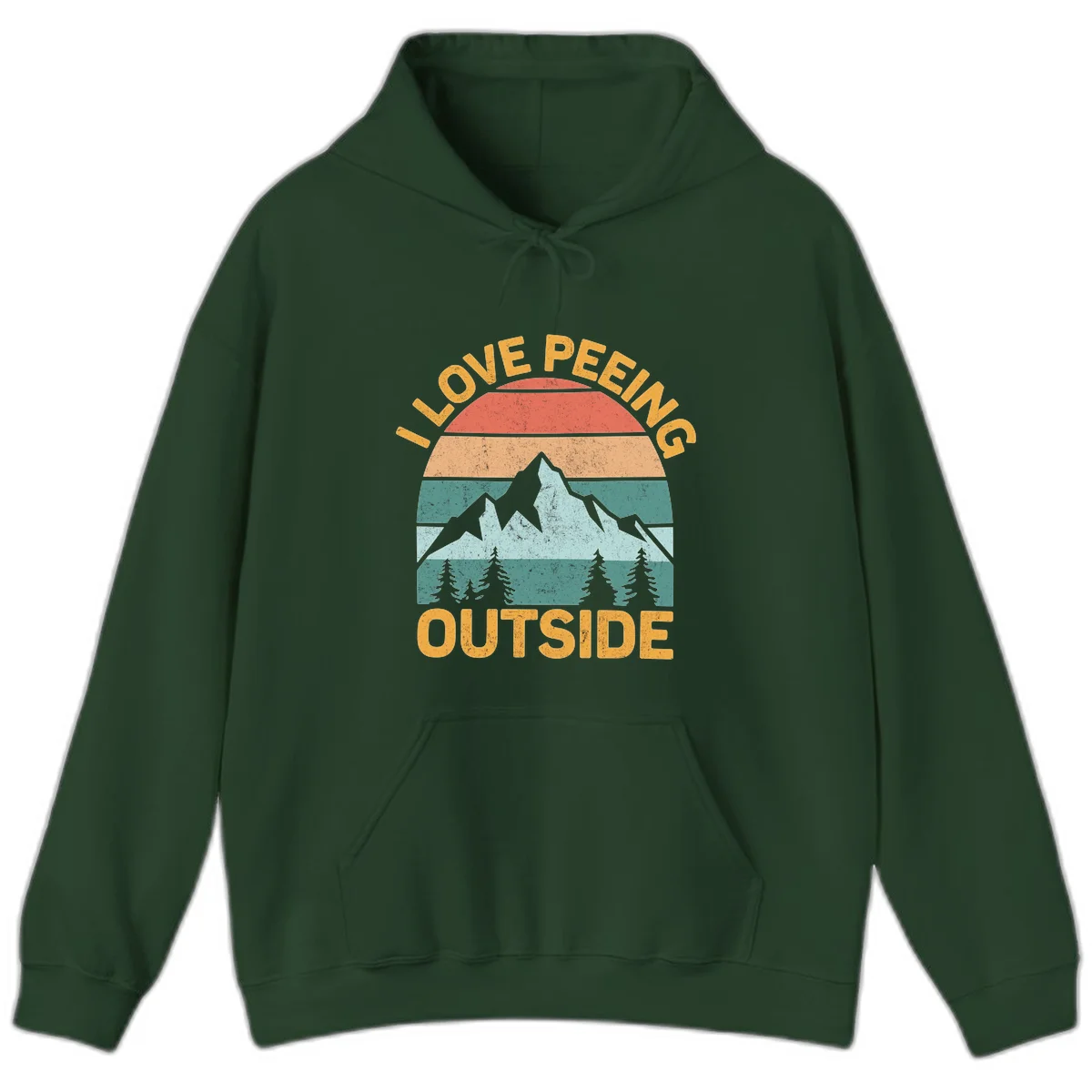 Retro sunset design with snow mountains and trees, text reads 'I Love Peeling Outside' in distressed gold lettering in Forest Green