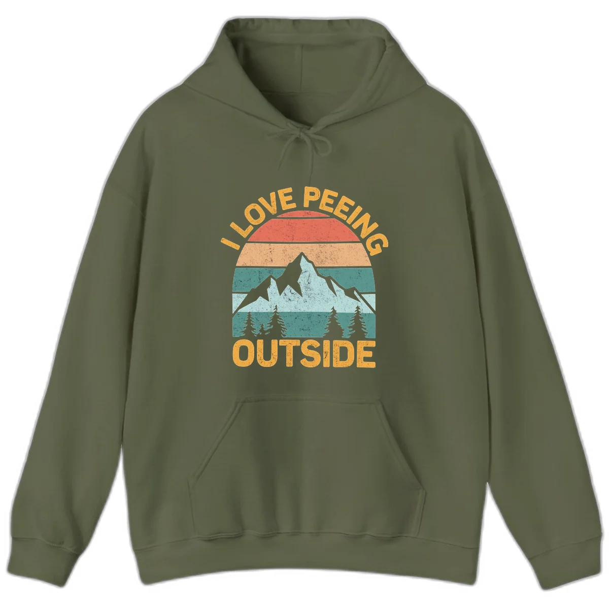 Retro sunset design with snow mountains and trees, text reads 'I Love Peeling Outside' in distressed gold lettering in Military Green