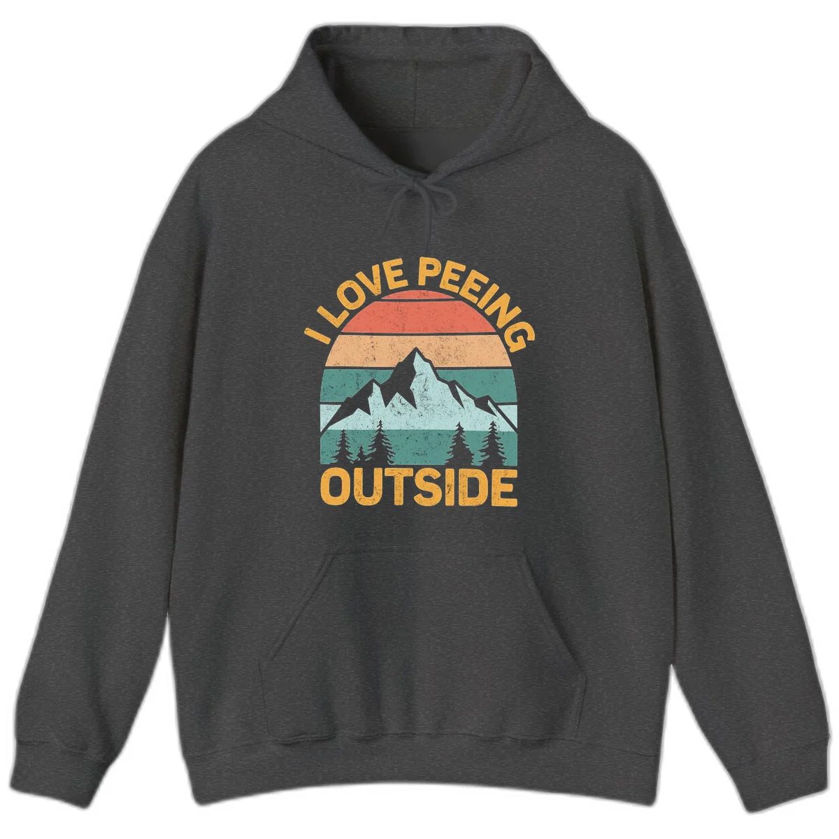 Retro sunset design with snow mountains and trees, text reads 'I Love Peeling Outside' in distressed gold lettering in Dark Heather