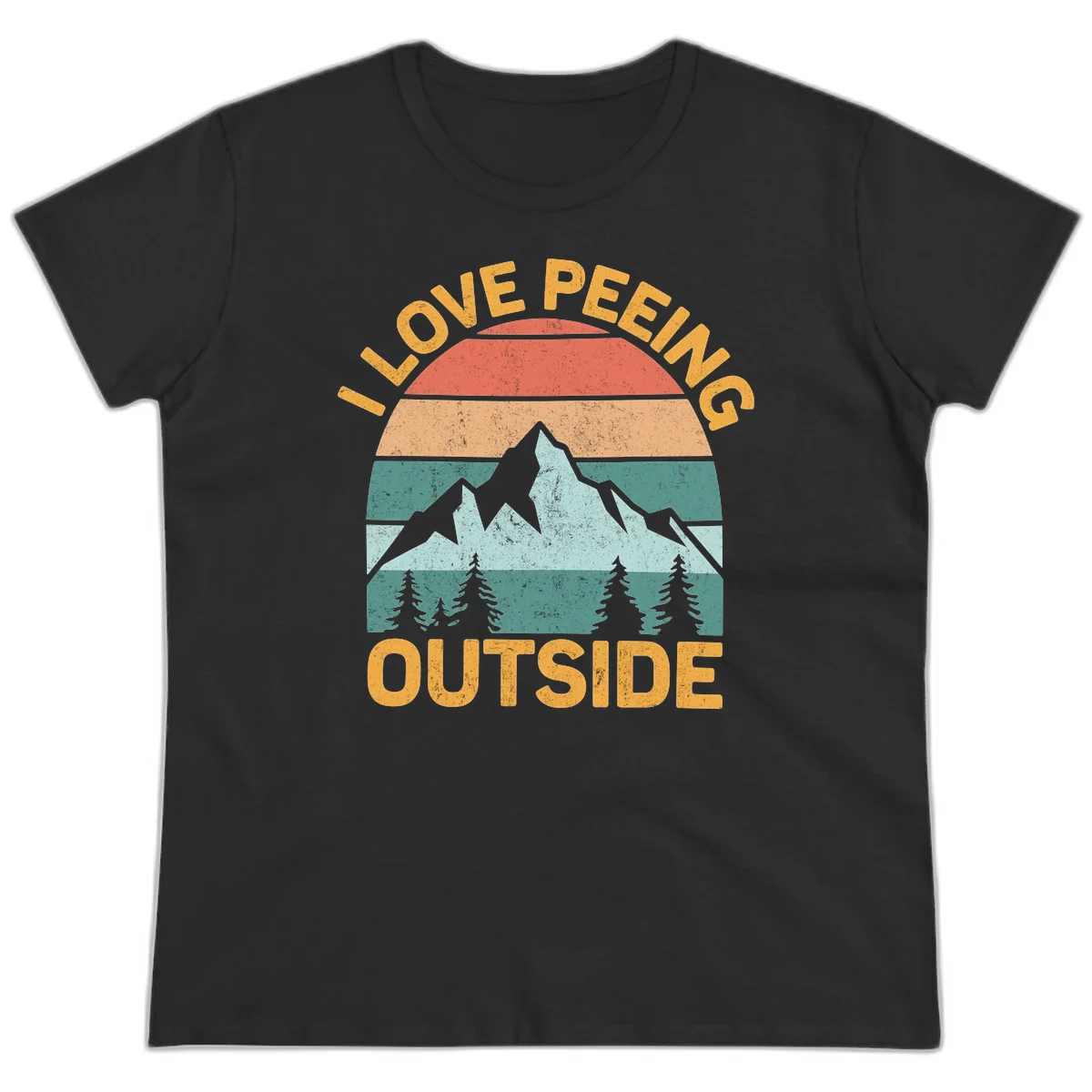 Retro sunset design with snow mountains and trees, text reads 'I Love Peeling Outside' in distressed gold lettering in Black